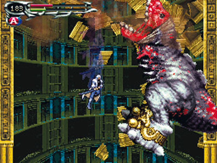 A screenshot from the game. It depicts Soma in the boss battle vs Gergoth, a big zombified dinosaur-like monster. The skin on its face is peeled back, revealing a bloody screaming monster face. They appear to be falling, as there are blocks of the floor shown around them.