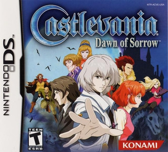 Nintendo DS box art for Castlevania: Dawn of Sorrow. It shows the protagonist, Soma Cruz, in the front extending his hand at the viewer as if casting a spell. Right behind him are his childhood friend Mina Hakuba (right side) and Genya Arikado, also known as Alucard (left side). Behind them other characters that appear in the game are shown. The background is Dracula's castle with a giant moon behind it.