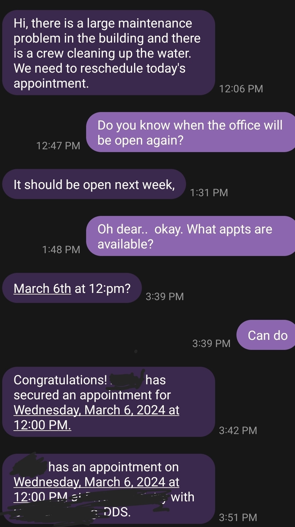 Screenshot of my texts with my dentist rescheduling my appt to March 6th due to a building emergency