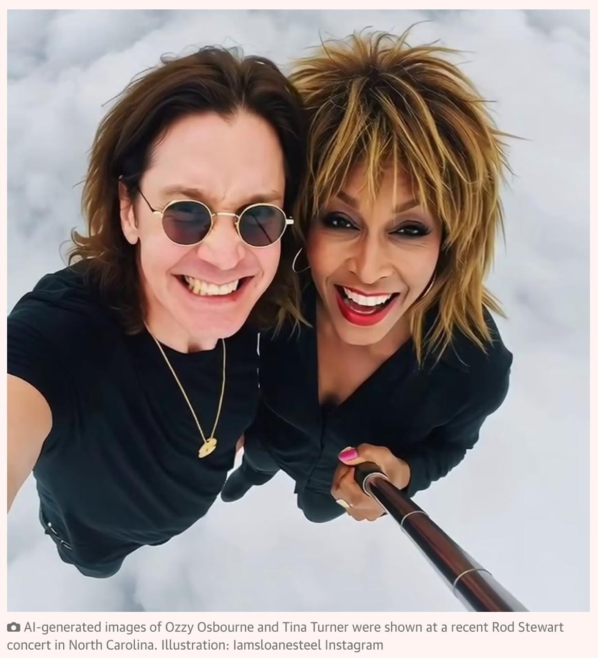 An AI generated selfie-stick selfie of Ozzie Osborne and Tina Turner, which was shown at a Rod Stewart gig recently. 