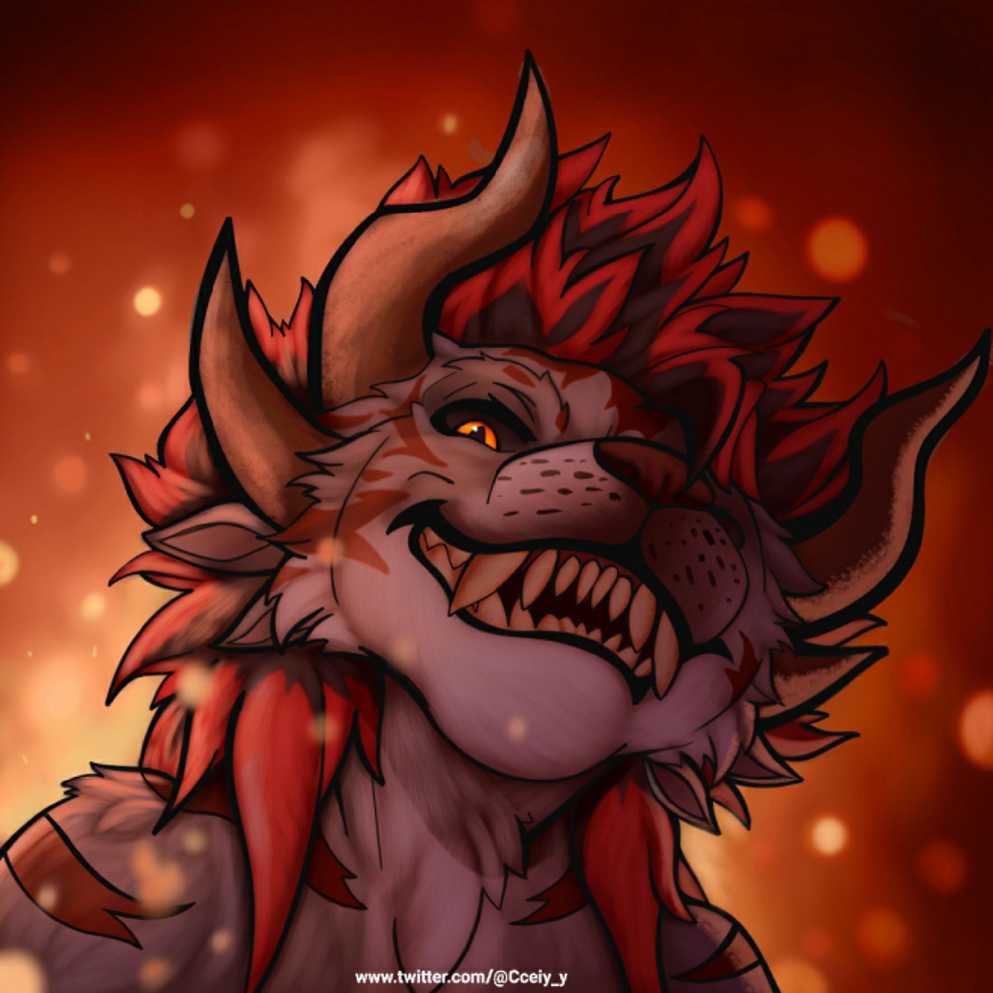 Vay, my Charr fursona, menacingly looking down on the viewer with a fiery background.