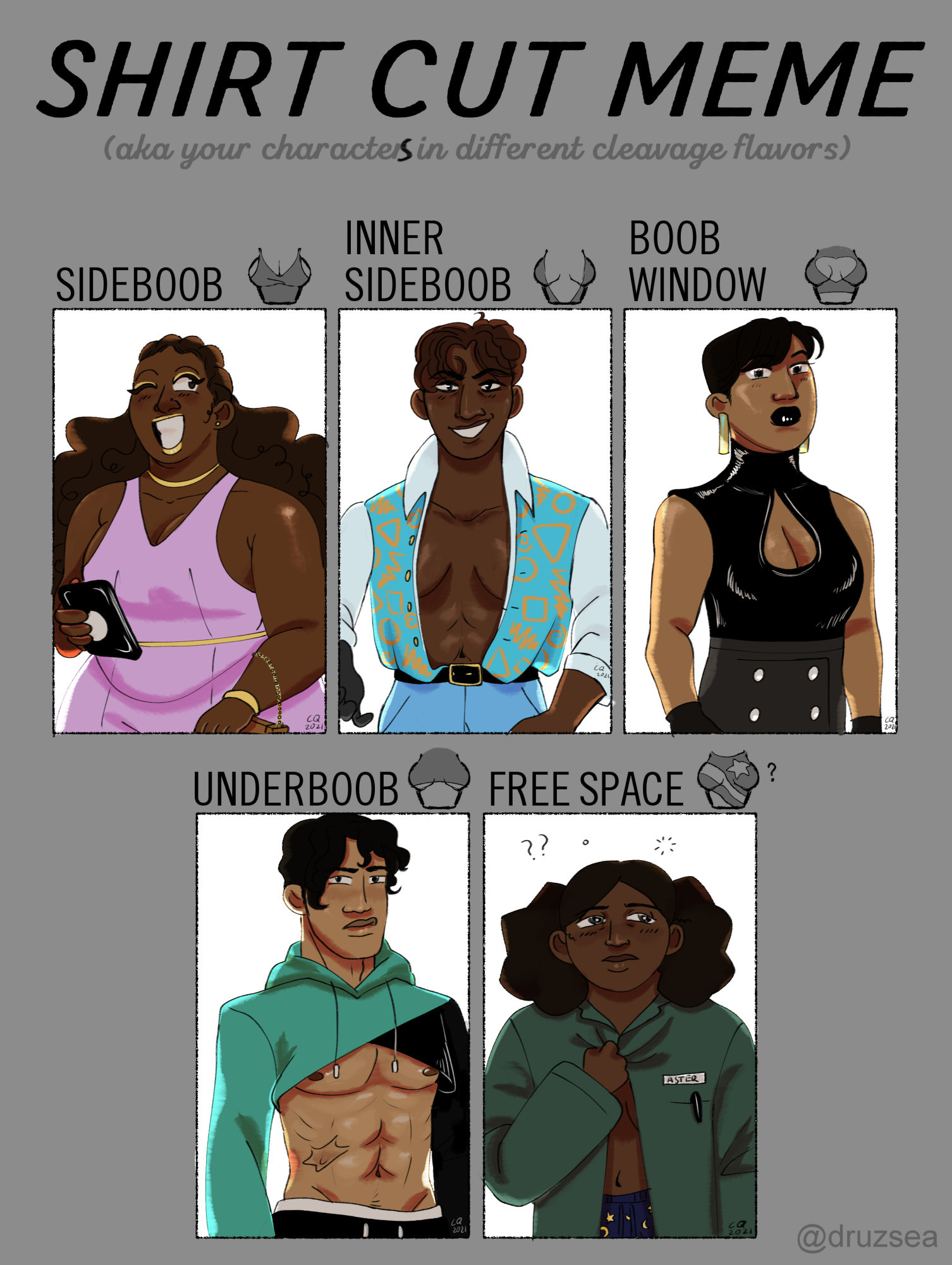 Shirt cut meme featuring Aster and the Fire characters. From left to right, top row: Naomi with a pink jumpsuit showing off some sideboob, Rakhi with an open shirt showing off inner sideboob, mystery character wearing a sleeveless leather top with a boob window. From left to right, bottom row: Mikael (a very old design lol) showing off some underboob with that one insanely cropped sweatshirt and Aster with just a hint of inner sideboob peeking out from her work shirt.