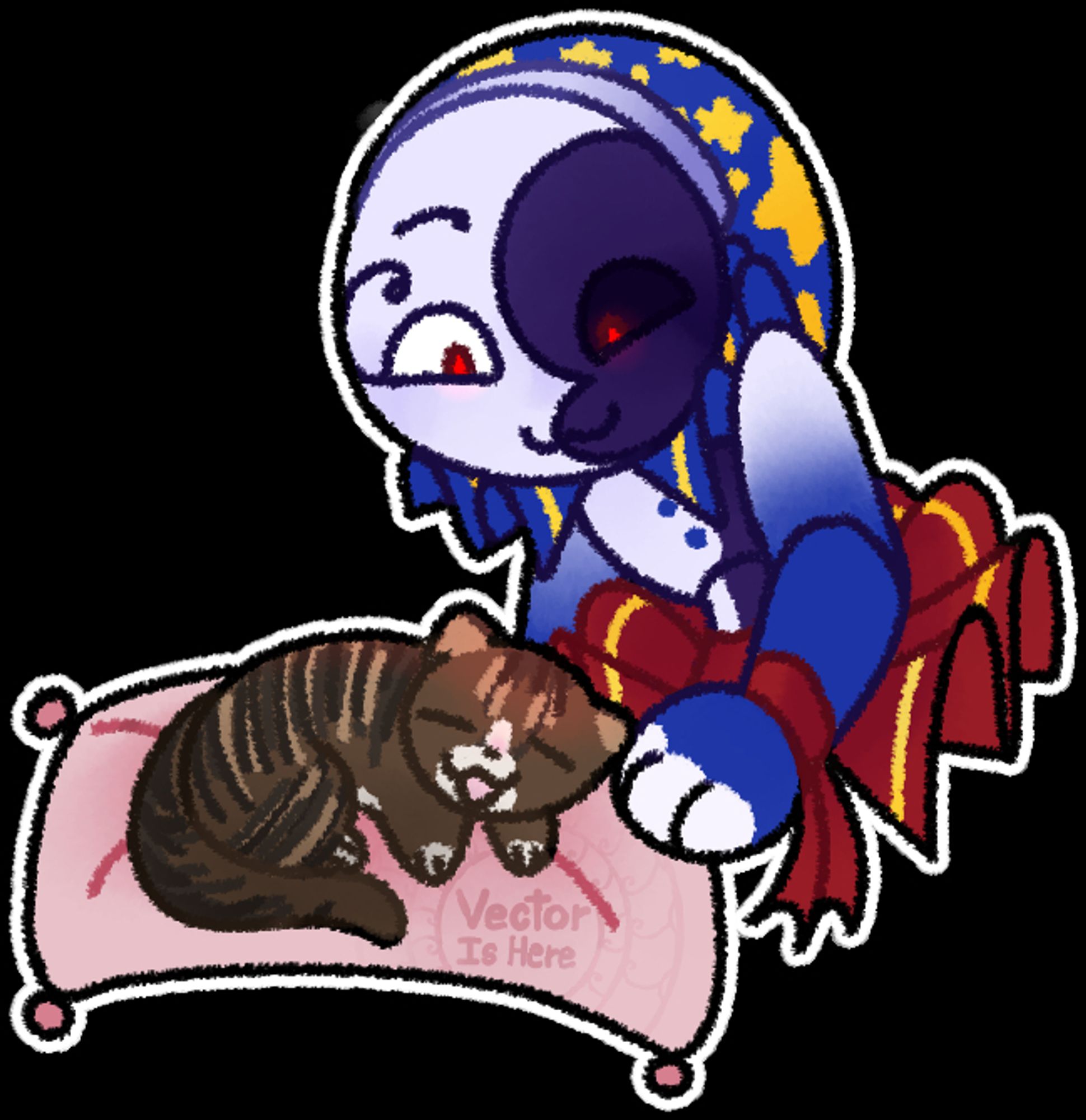 FNAF Moon next to a tabby cat that us sleeping on a pink pillow