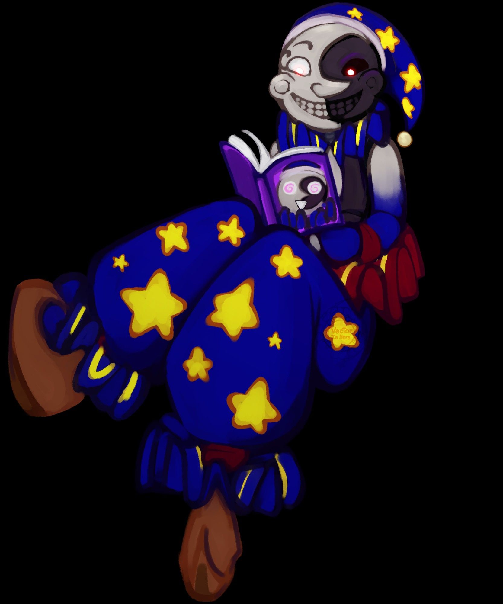 Moon from five nights at freddy's reading a fnaf book. He has a goofy hat