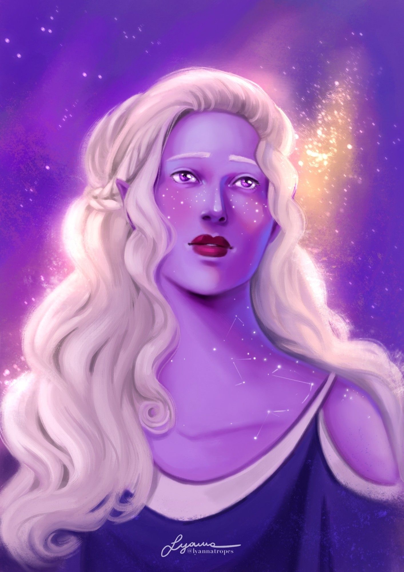 Portrait of a character with purple skin and long, wavy white hair. The front hair is braided to the back of the head, and her skin is dotted with star and constellation-like freckles. The background is a glowing deep purple sky with stars glimmering around her.