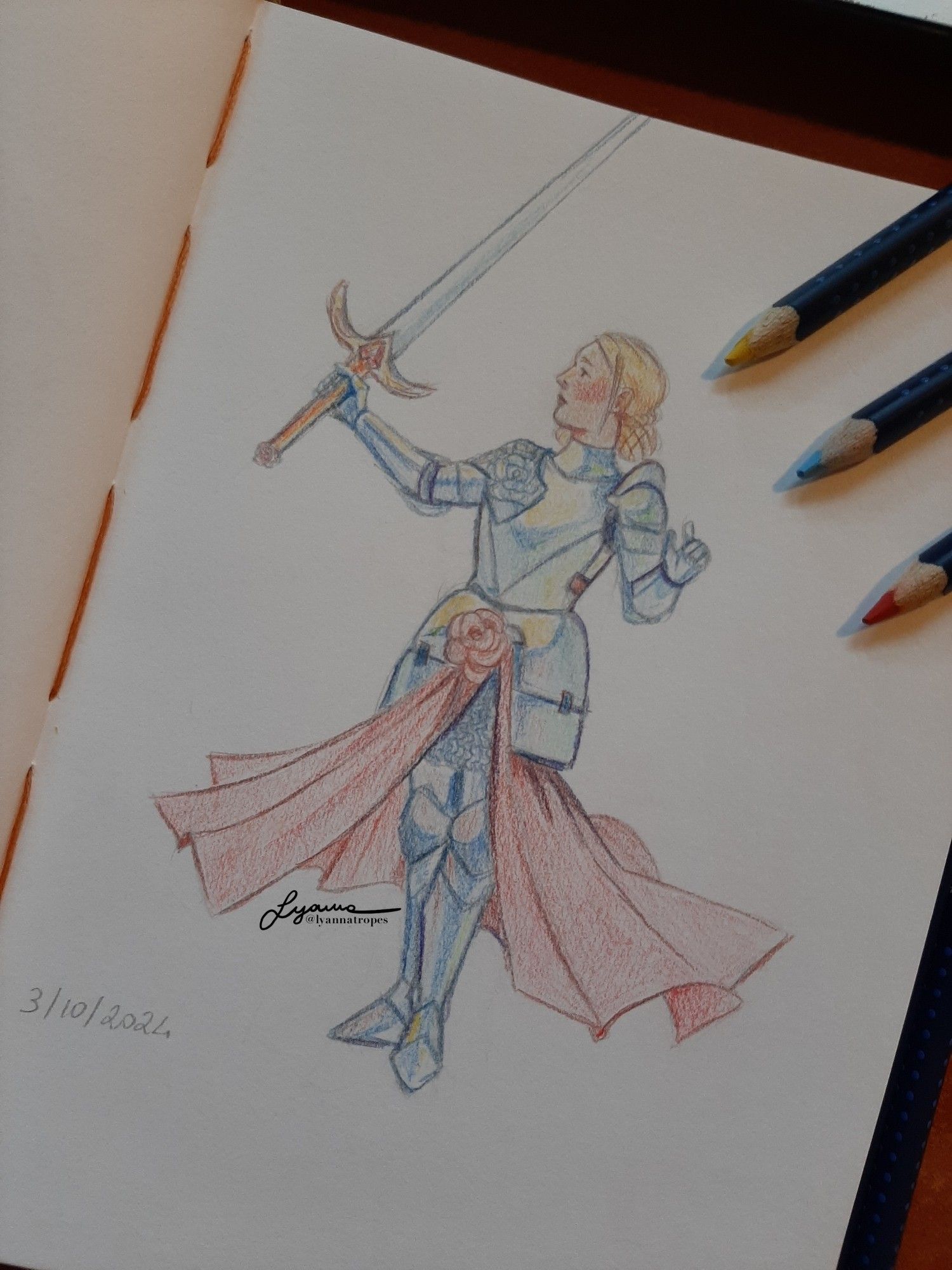 Picture of a sketch done with coloured pencils. The drawing depicts a lady knight with blonde hair braided in two buns, one on each side. She shows her profile, holding up a sword in her right hand. She dons a silver armour, and a pink cloth on the waist that is wrapped in the shape of a rose.