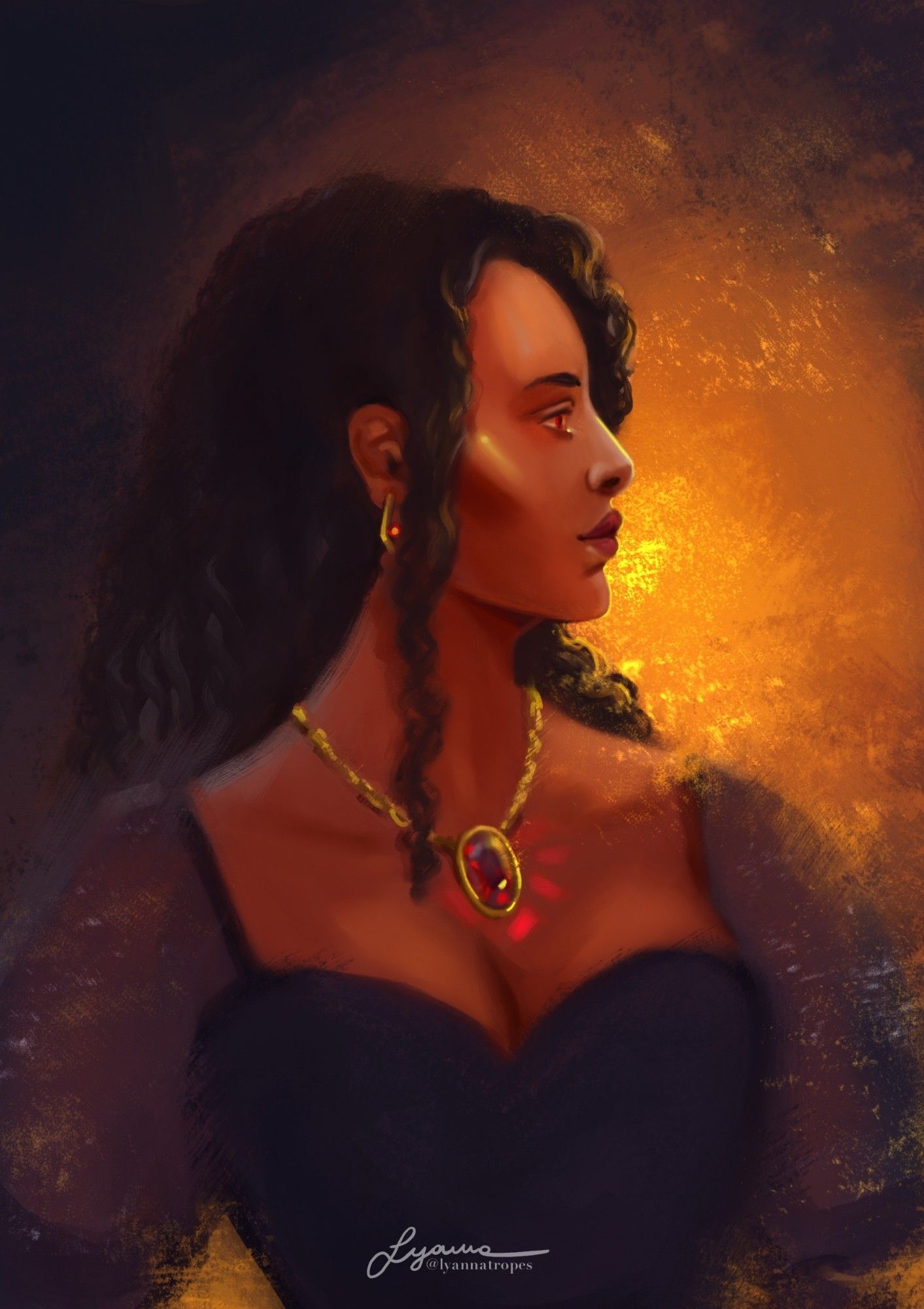 Portrait of a black woman showing her side profile; she is wearing a pendant with a red, glowing stone.