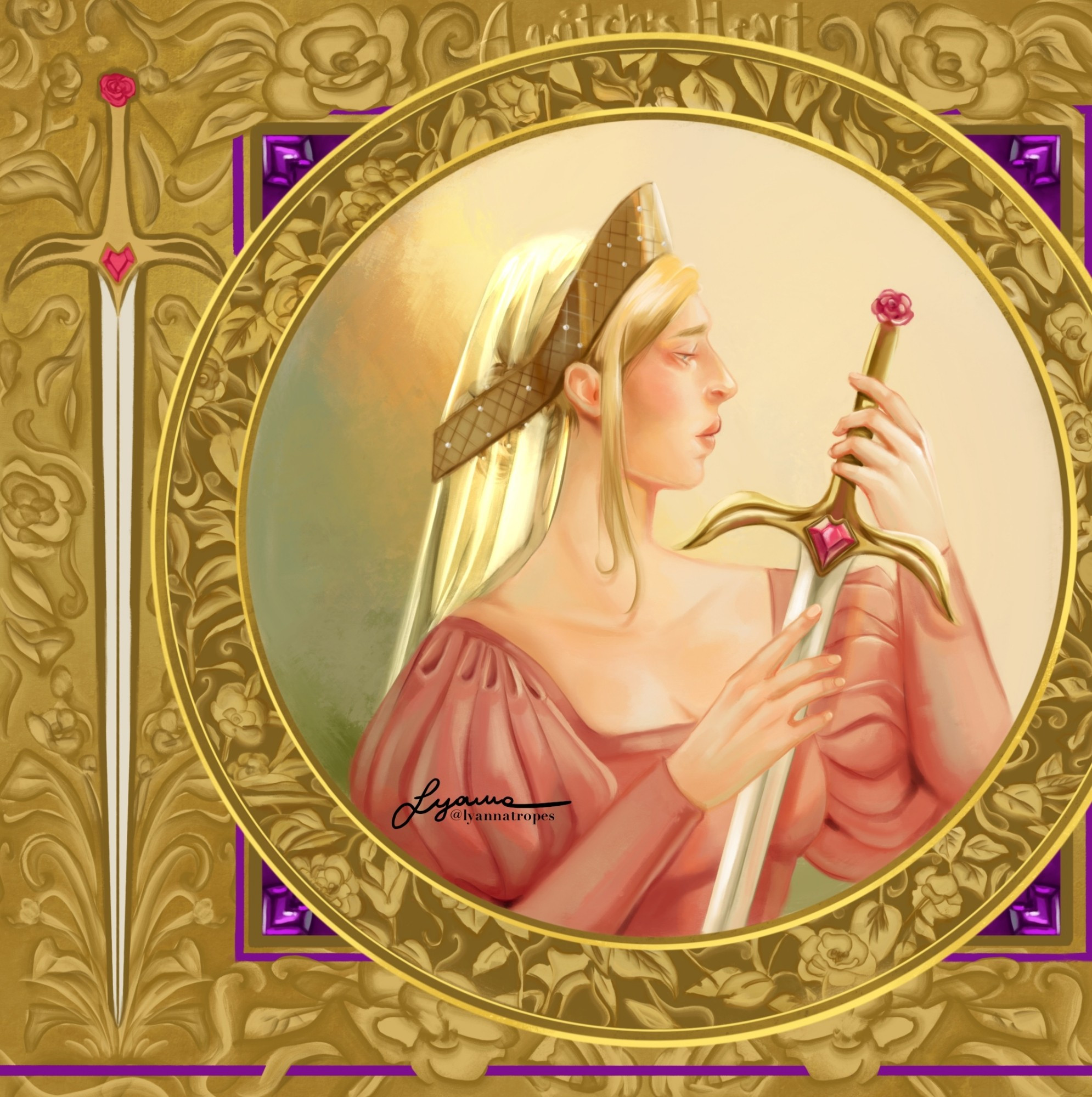 A portrait of Camellia holding her sword. The sword is featured in the frame, surrounded by flowers.