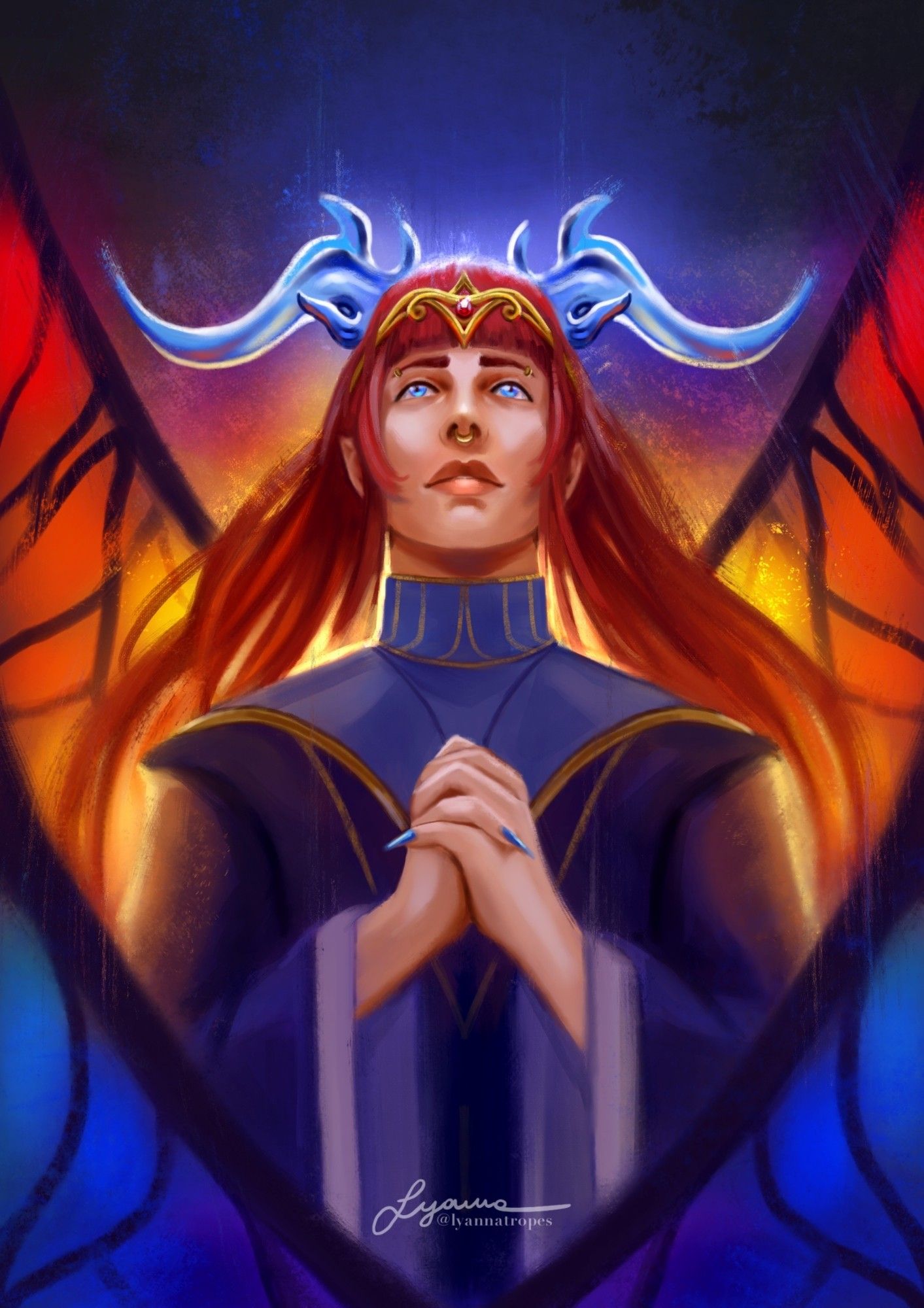 Portrait of Theodora praying. She has long red hair and crystal horns, and she is wearing a priestess robe with a circlet. Her wings are like stained glass windows.