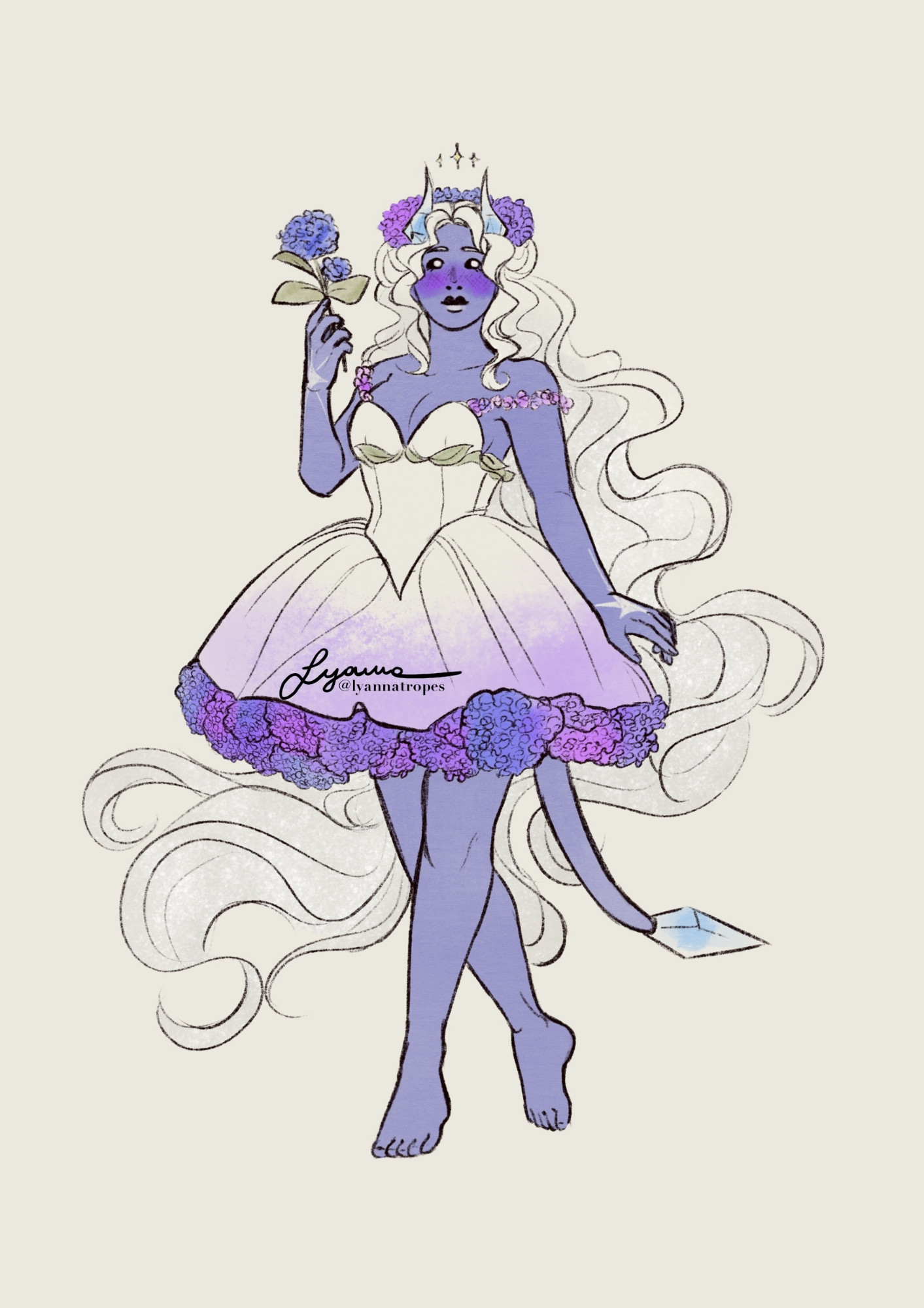 Digital sketch of Ipomoea wearing a dress with a hydrangea petticoat. Ipomoea is a blue tiefling with crystal horns and long, wavy sparkly white hair. She is wearing hydrangea on top of her head, and she is carrying a hydrangea bloom in her right hand. The dress is above the knee: it has a corset with some leaf decorations, a mid-thighs length puffy skirt and a hydrangea petticoat underneath.