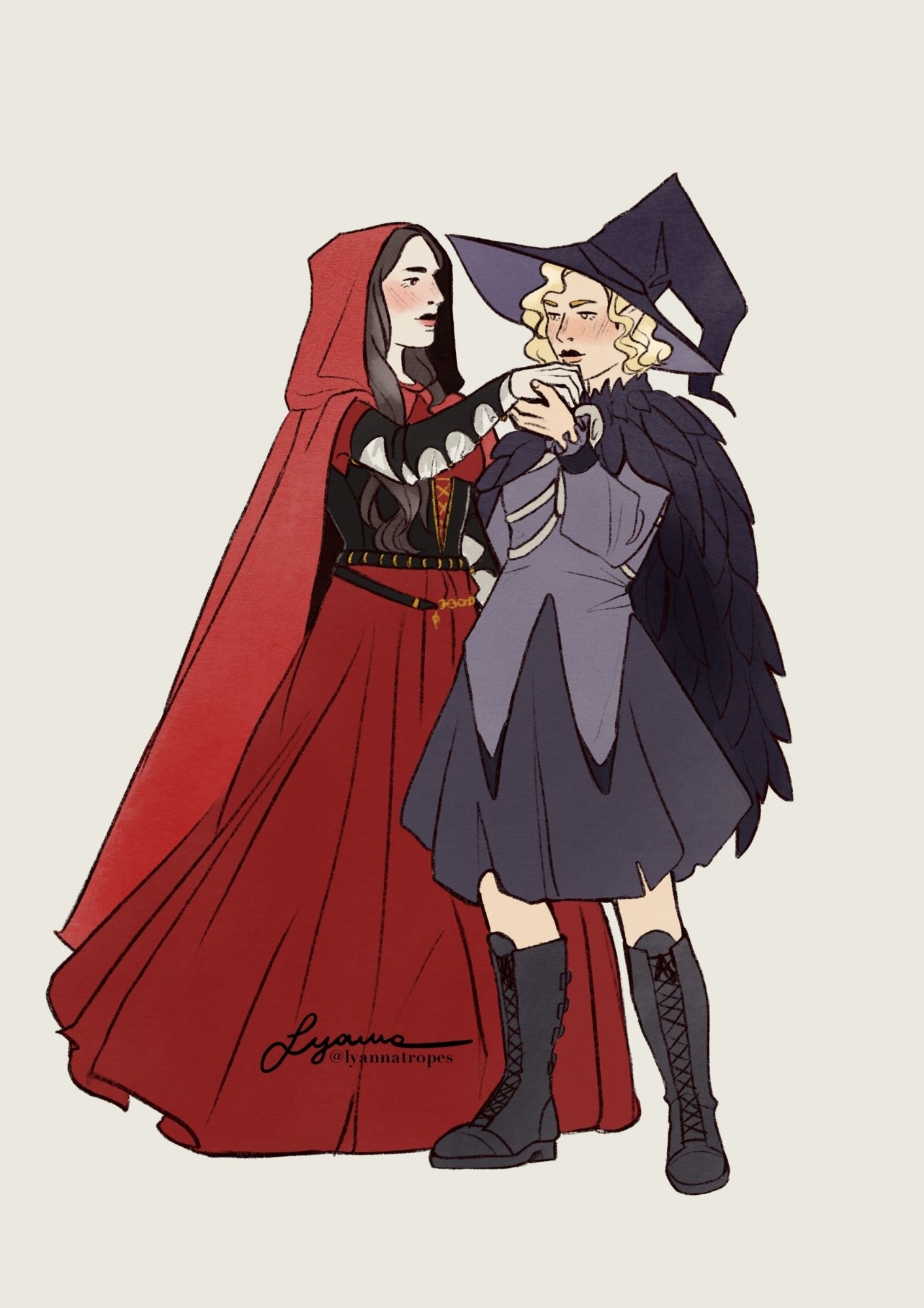 Lulu (on the right) holding Dasha's hand close to her lips. Lulu has short, wavy blond hair and golden eyes, and she wears a witchy outfit with a feathered cloak and bones corset. Dasha has long dark hair and eyes, and she wears a long red dress and a red cloak.