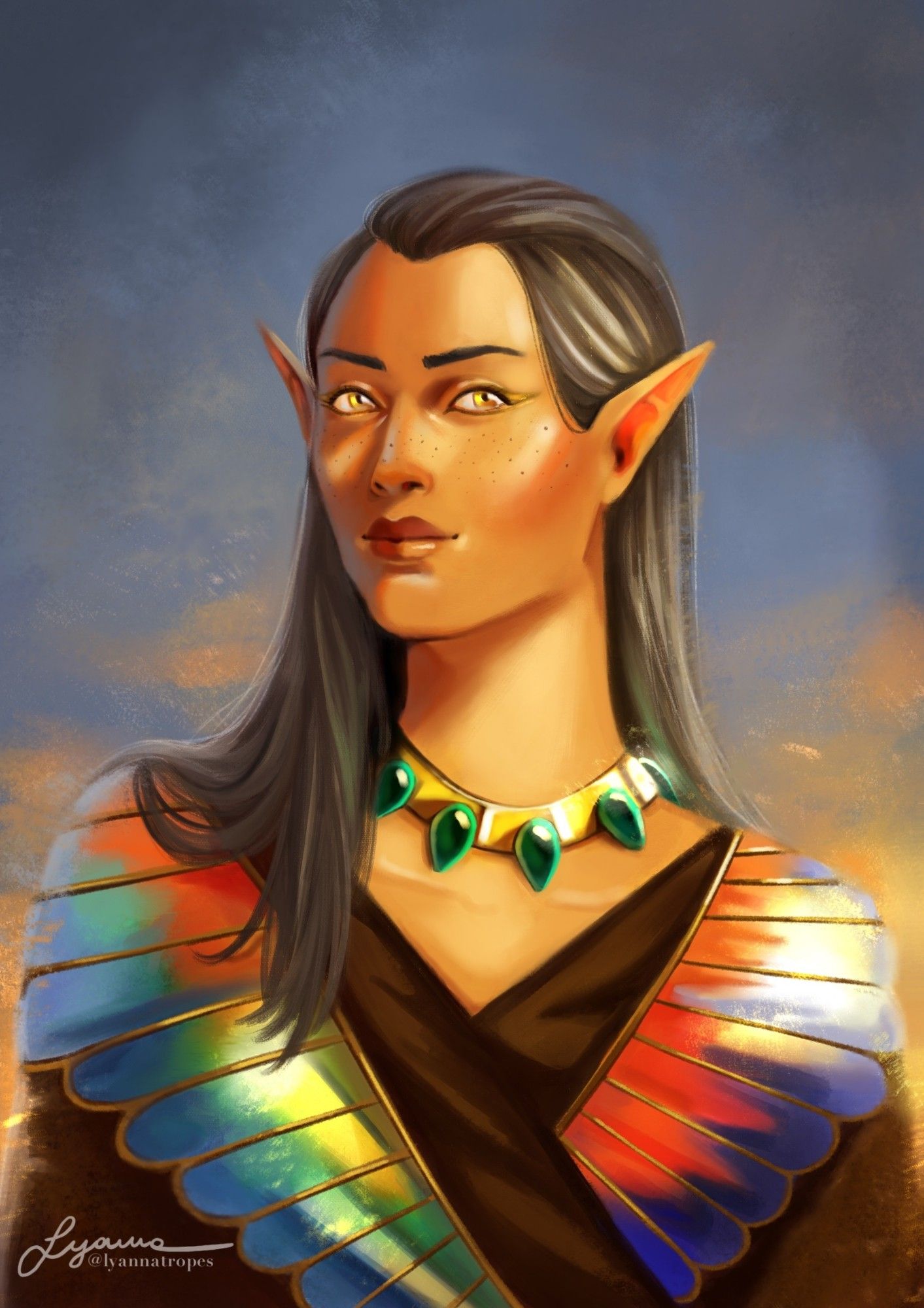 Portrait of an elven woman with tan skin and golden eyes. Her hair is grey with some white streaks, and freckles dot her cheeks. She is wearing a necklace with green precious stones, and a shawl with a hem resembling opalescent hummingbird wings. Her smile is soft and gentle, sunset colours enveloping the scene.