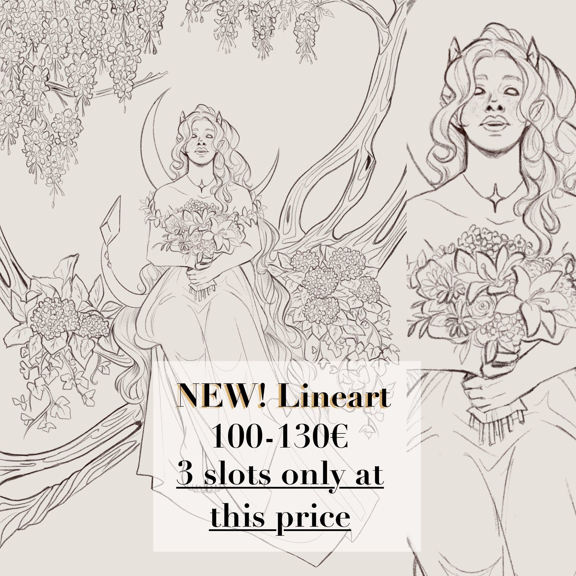 Lineart price list. 3 slots only at 100-130€ depending on complexity.