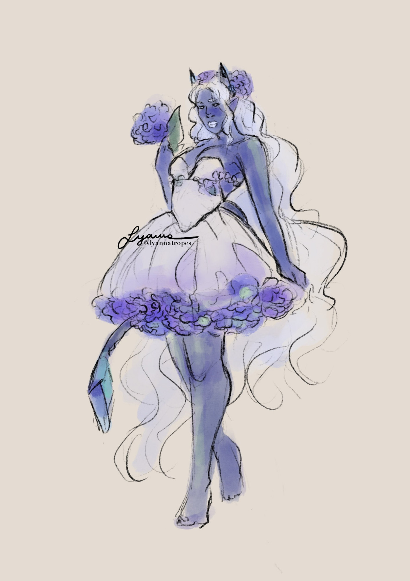 Old version of the sketch 

Digital sketch of Ipomoea wearing a dress with a hydrangea petticoat. Ipomoea is a blue tiefling with crystal horns and long, wavy sparkly white hair. She is wearing hydrangea on top of her head, and she is carrying a hydrangea bloom in her right hand. The dress is above the knee: it has a corset with some leaf decorations, a mid-thighs length puffy skirt and a hydrangea petticoat underneath.