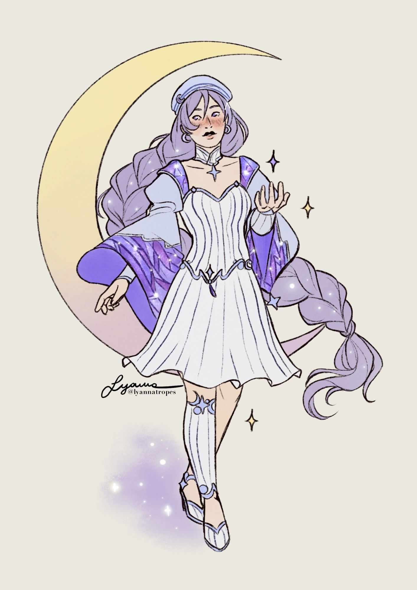 Drawing of a character with light skin and long purple hair tied in a braid. She wears a beret and a dress with elaborate sleeves with a stained glass motif. The dress is white with light purple sleeves. Nila carries a star over her hand, and a crescent moon can be seen behind her. She walks over a starry path.