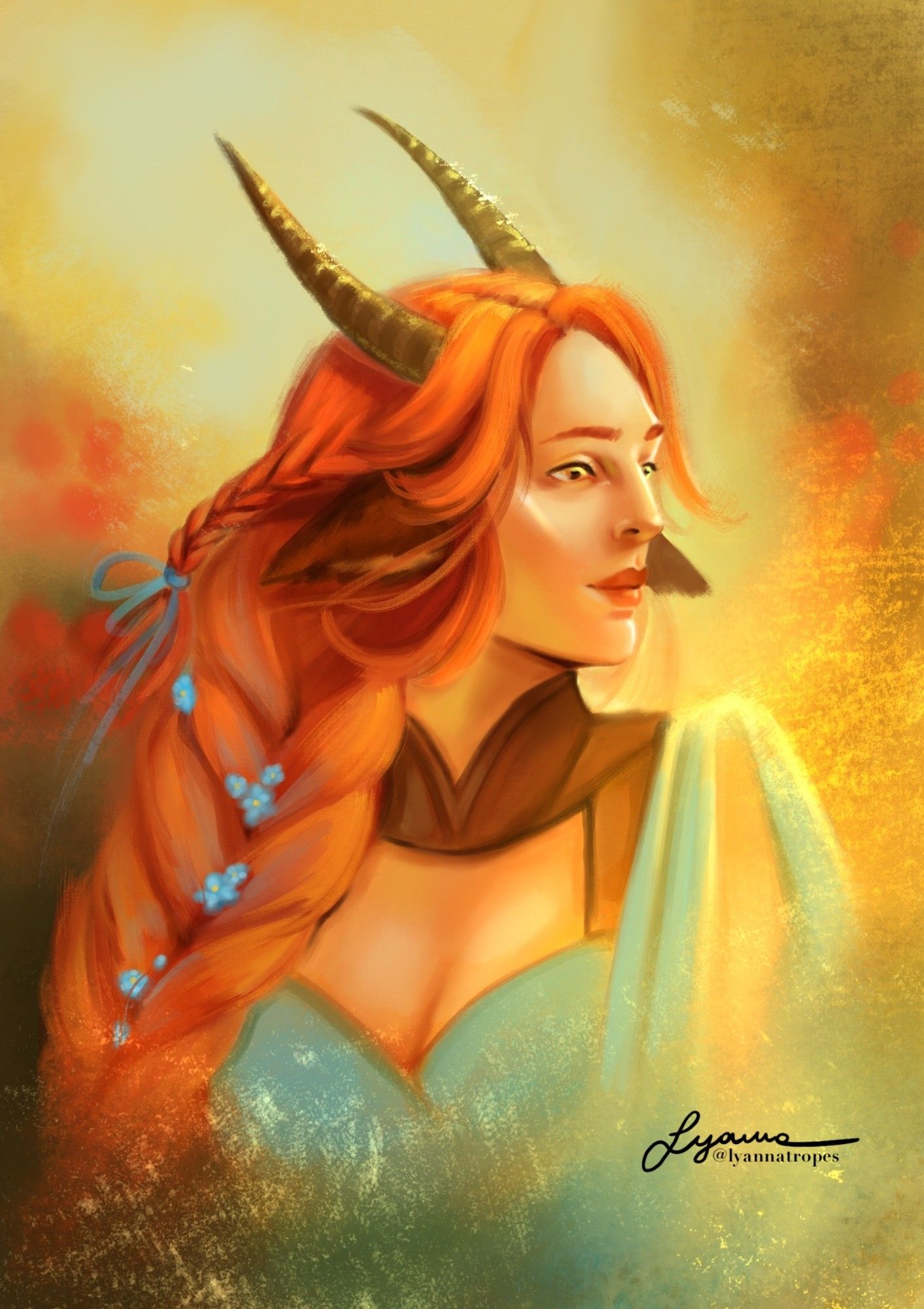 Portrait of a satyr character with long red hair tied in a braid. There are a blue ribbon and forget-me-nots in the hair. She has long textured horns and fluffy ears. The scene is serene and sunlit.