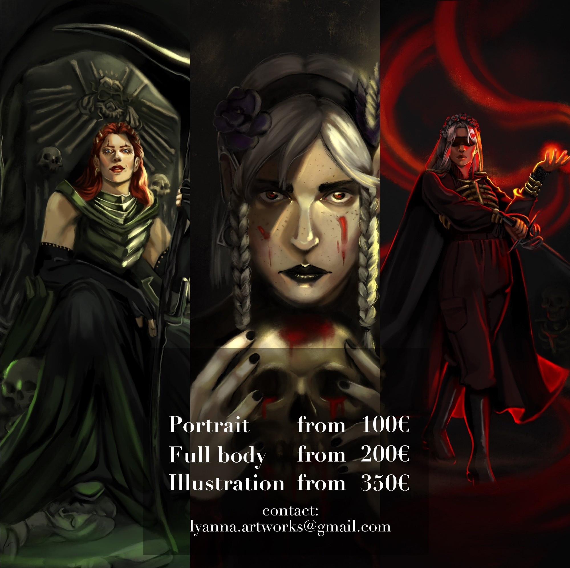 Commission pricelist. Portrait from 100€. Full body from 200€. Illustration from 350€. Contact lyanna.artworks@gmail.com