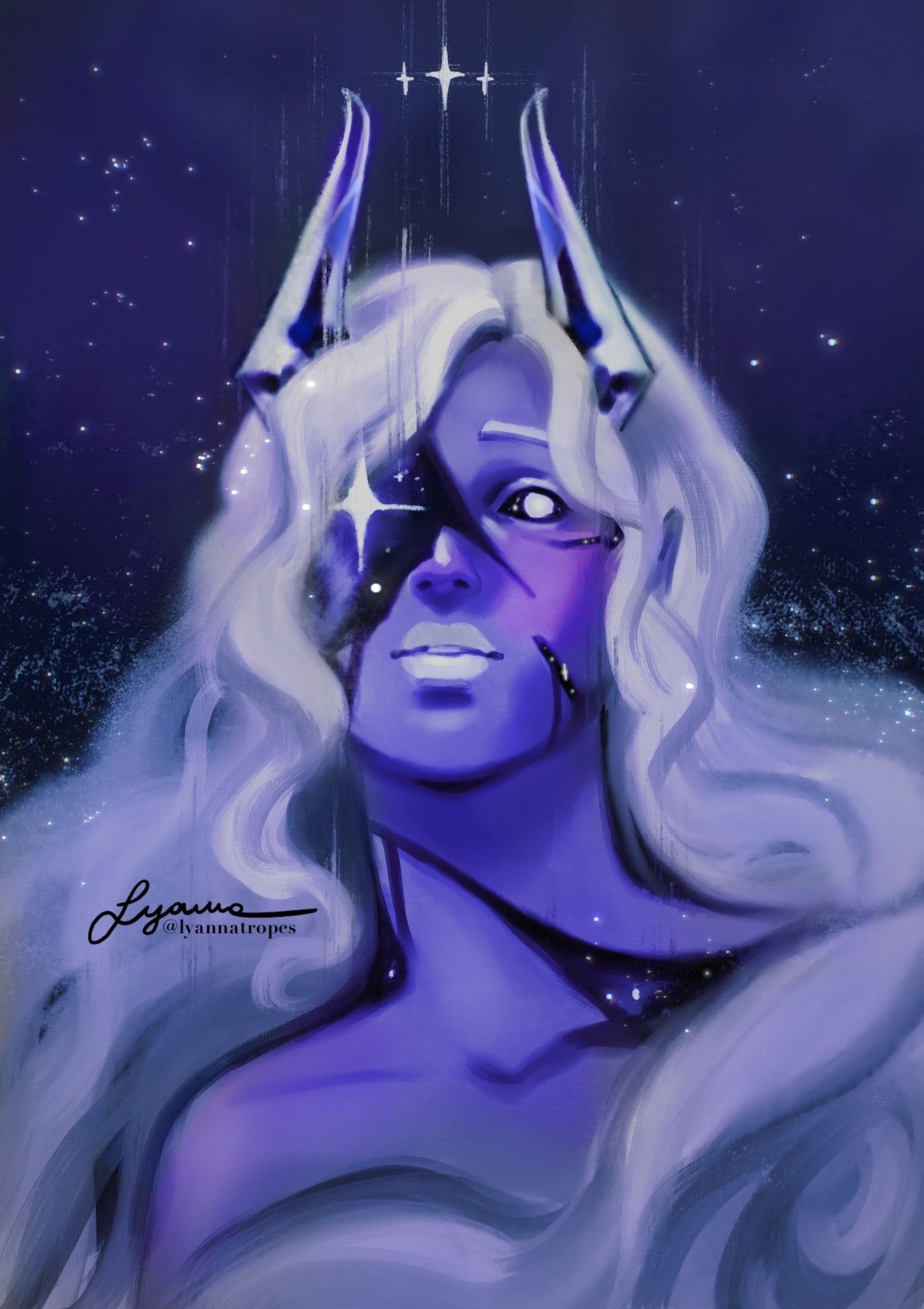 Portrait of Ipomoea, a blue tiefling with long, wavy silver hair and crystal horns. Her eyes have dark sclera with stars glittering within them. Her face, neck and collarbones are cracked, showing the night sky underneath and stars glimmering.