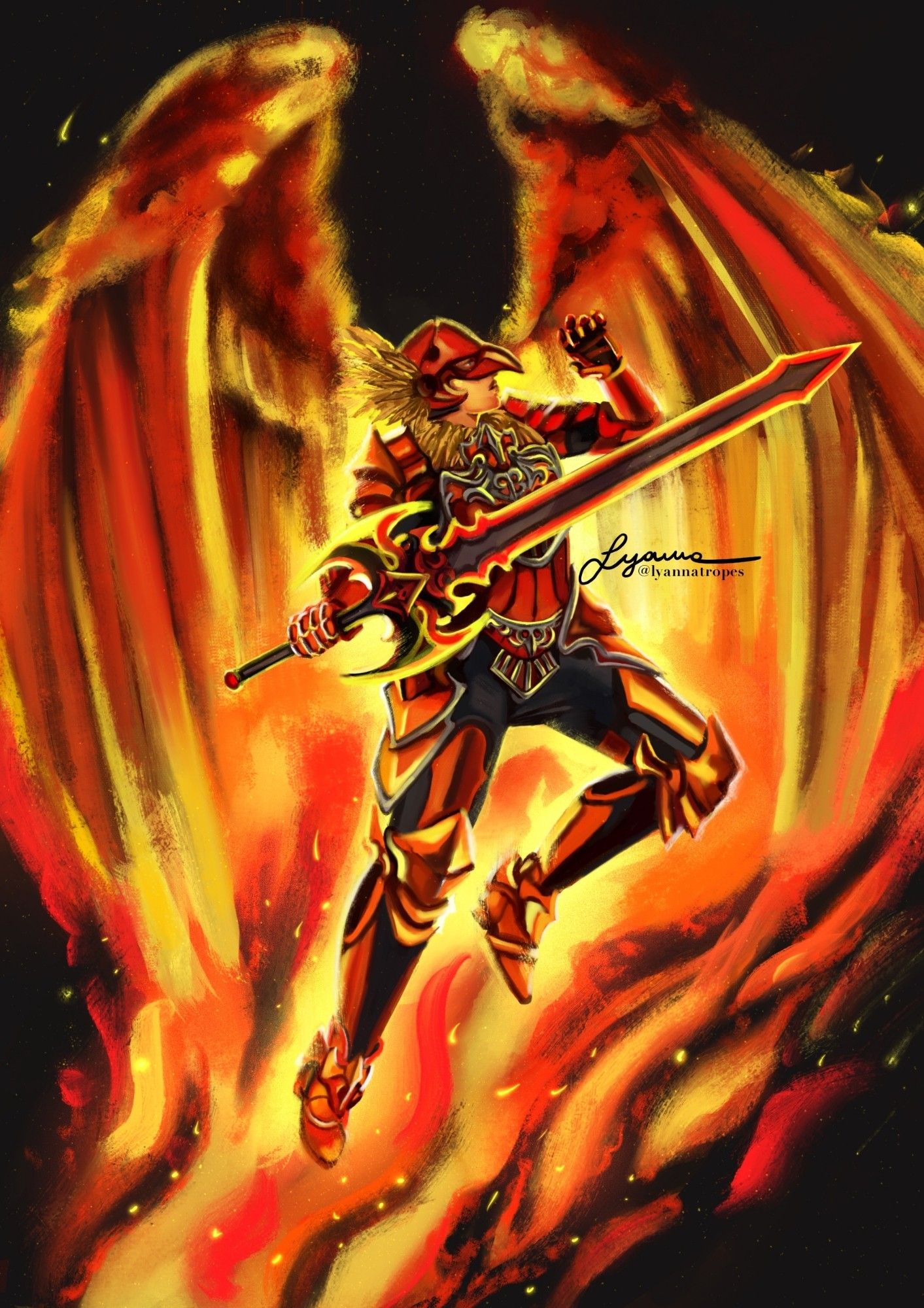 Full body drawing of a character in elaborate red armour, holding her sword. Wings spread behind her back, while a flame envelops her whole body.