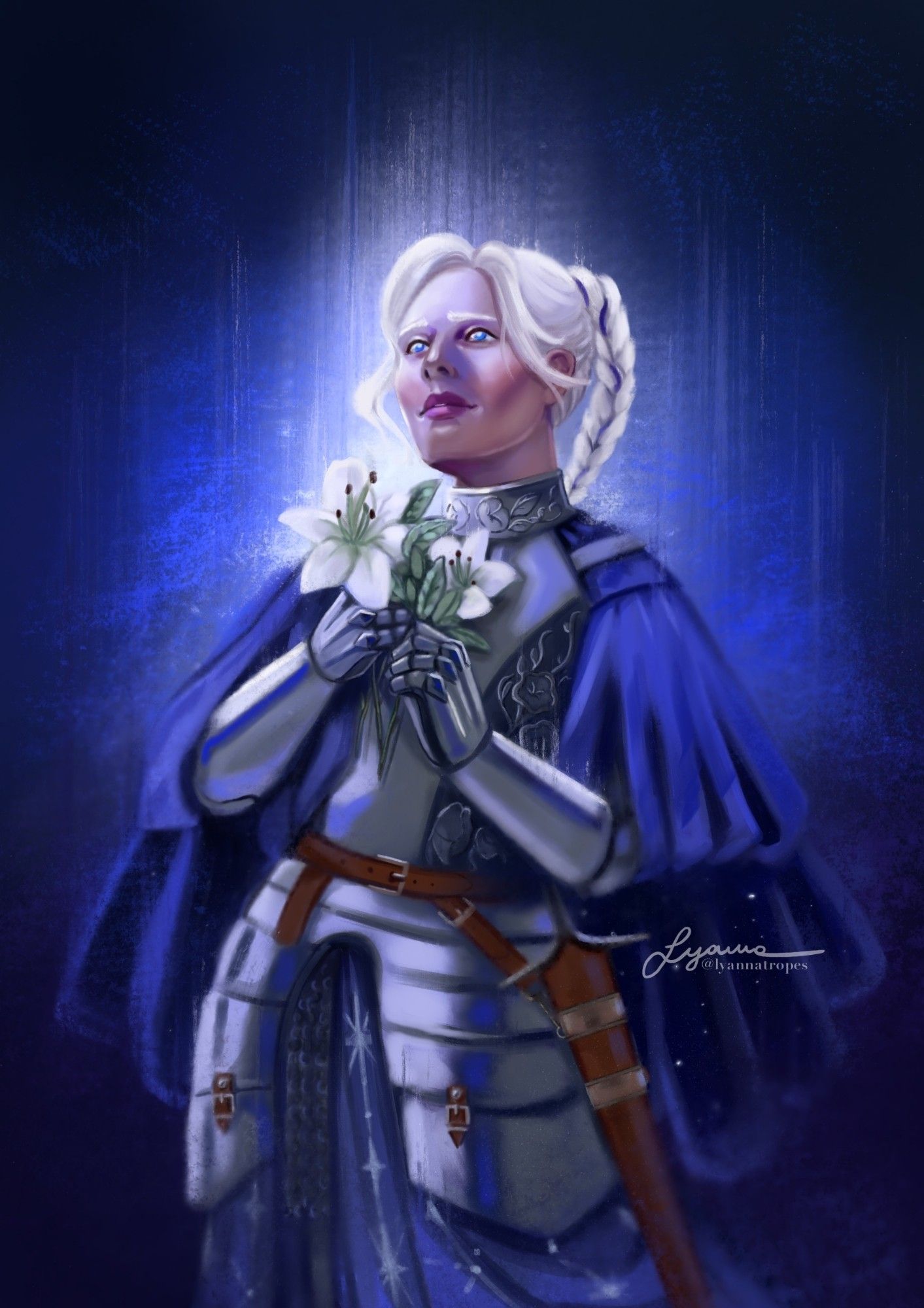 Half body of Elaine holding white lilies close to her chest, looking up at the dark sky while a silver glow embraces her. She has white hair tied in a braid, white skin and light blue eyes with white irises. She is wearing silver-coloured armour with floral decorations, and a blue robe underneath.