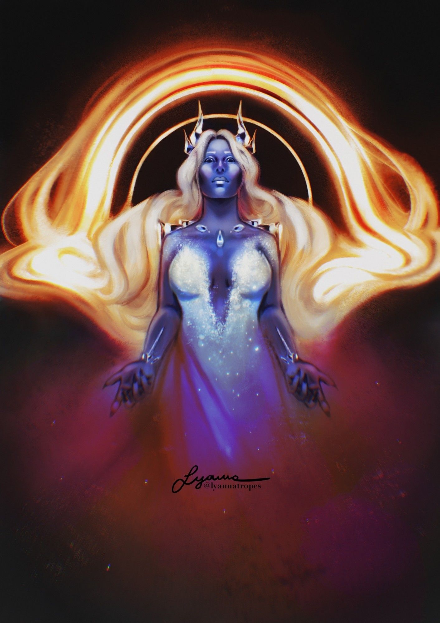 The painting depicts a blue tiefling with crystal horns and a black hole forming behind them. Her hair is melting and mixing with the halo around the black hole itself. Further crystal formations protrude from her shoulders, collarbones, chest and on her wrists. Her dress is like a dense conglomerate of stars around the bodice, but they become rare alongside the skirt. Her eyes are like black holes too, fully dark with only a thin light halo around the sclera.