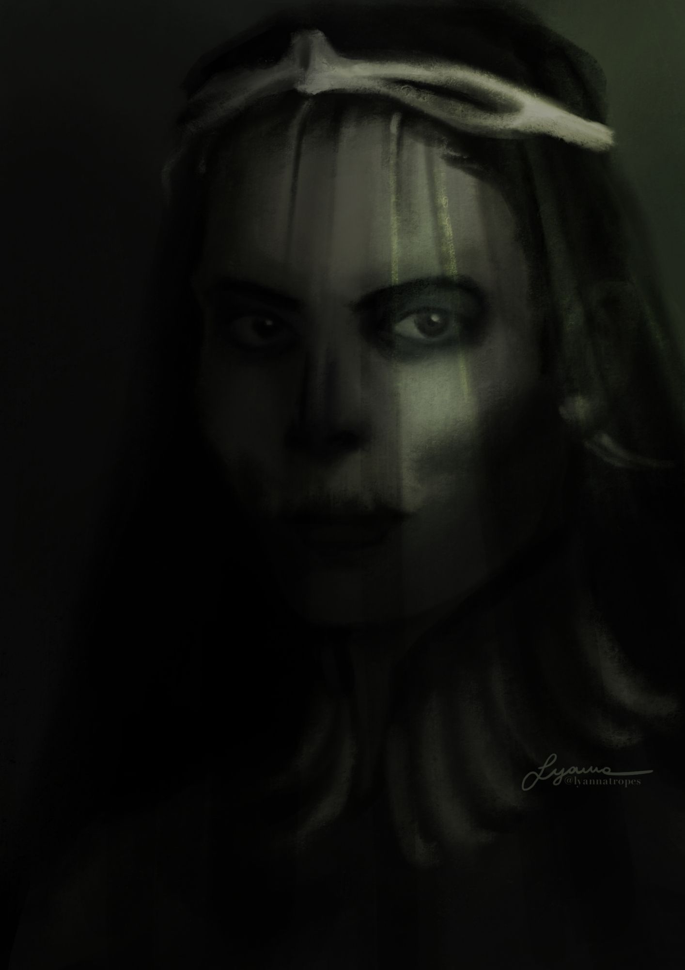 Portrait of Harrow from the locked tomb shrouded in darkness, a hint of lightning reflecting on part of her veiled face and the crown of bones.