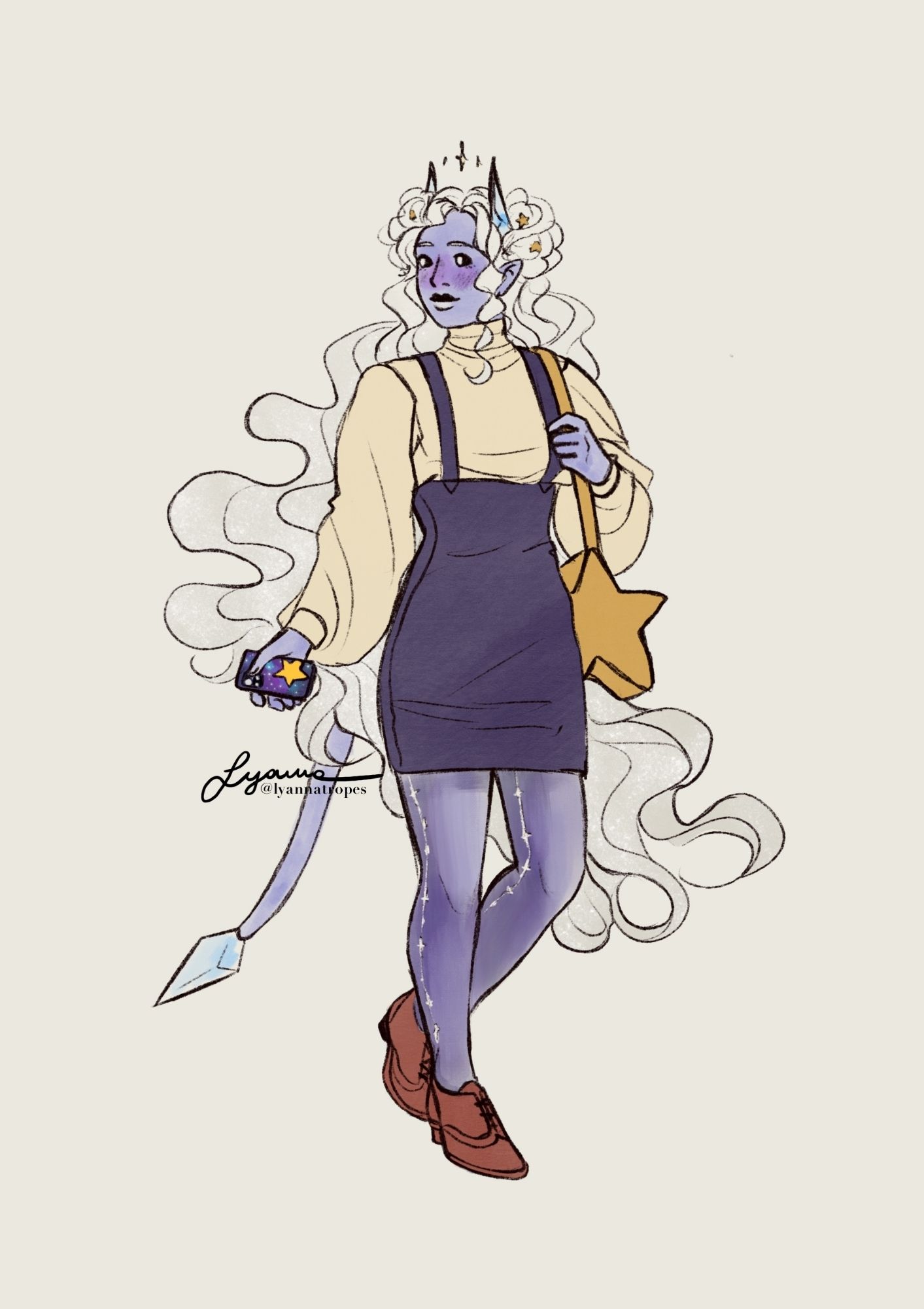 A full body sketch of Ipomoea in a modern autumn outfit. Ipomoea is a blue tiefling with gem horns, tail tip, and long, wavy white hair. Her hair is styled in two space buns with star pins in them. She is wearing a comfy pastel yellow sweater and a high waist skirt. She is wearing tights with a star embroider on the sides. She also has a star shaped bag and a smartphone with a galaxy phone case in her right hand.