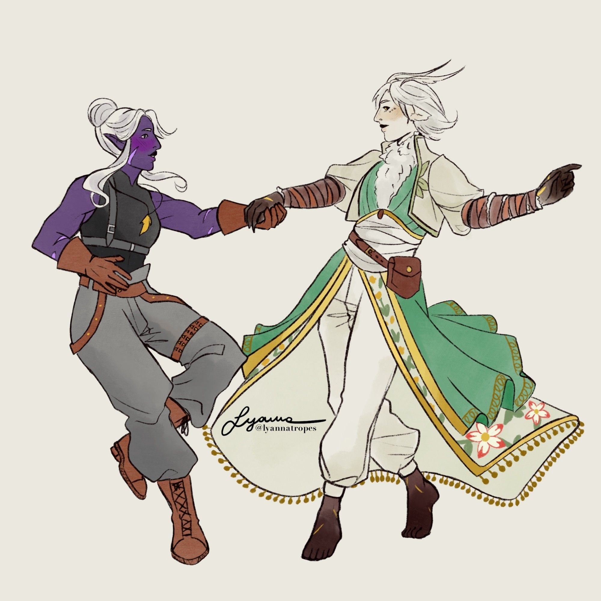 The client's characters dancing together, holding hands and smiling at each other. Amera (on the left) has white hair tied in a bun and deep purple skin. She is wearing a sleeveless turtleneck and baggy pants. Arcturus (on the right) has white hair and skin and moth-like antennae. He wears a robe decorated with flowers and trousers.