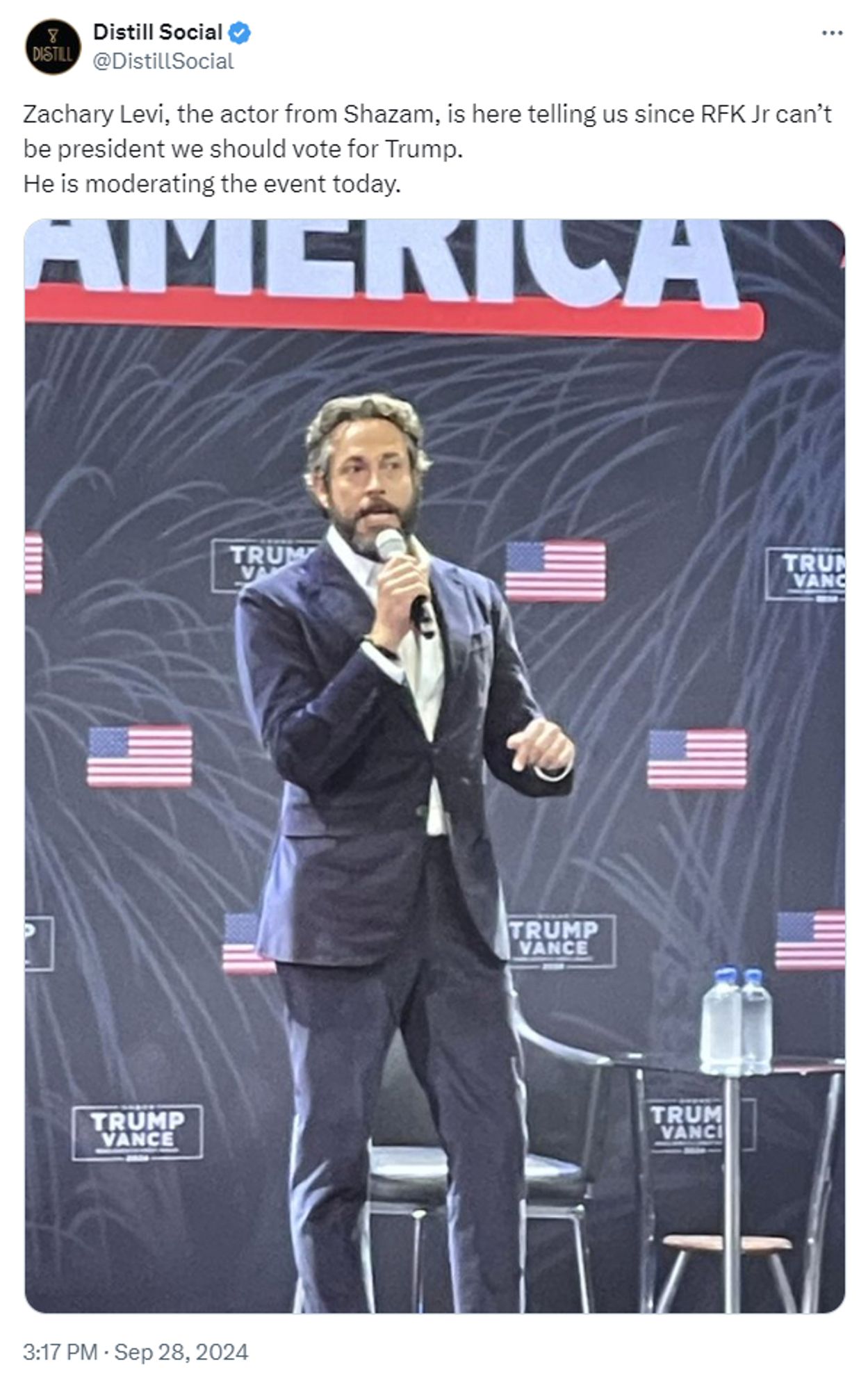 a tweet from @distillsocial sep 28 2024

Zachary Levi, the actor from Shazam, is here telling us since RFK Jr can’t be president we should vote for Trump. 
He is moderating the event today.

accompanying a photo of a bearded zachary levi in a terrible suit standing in front of a trump/vance backdrop