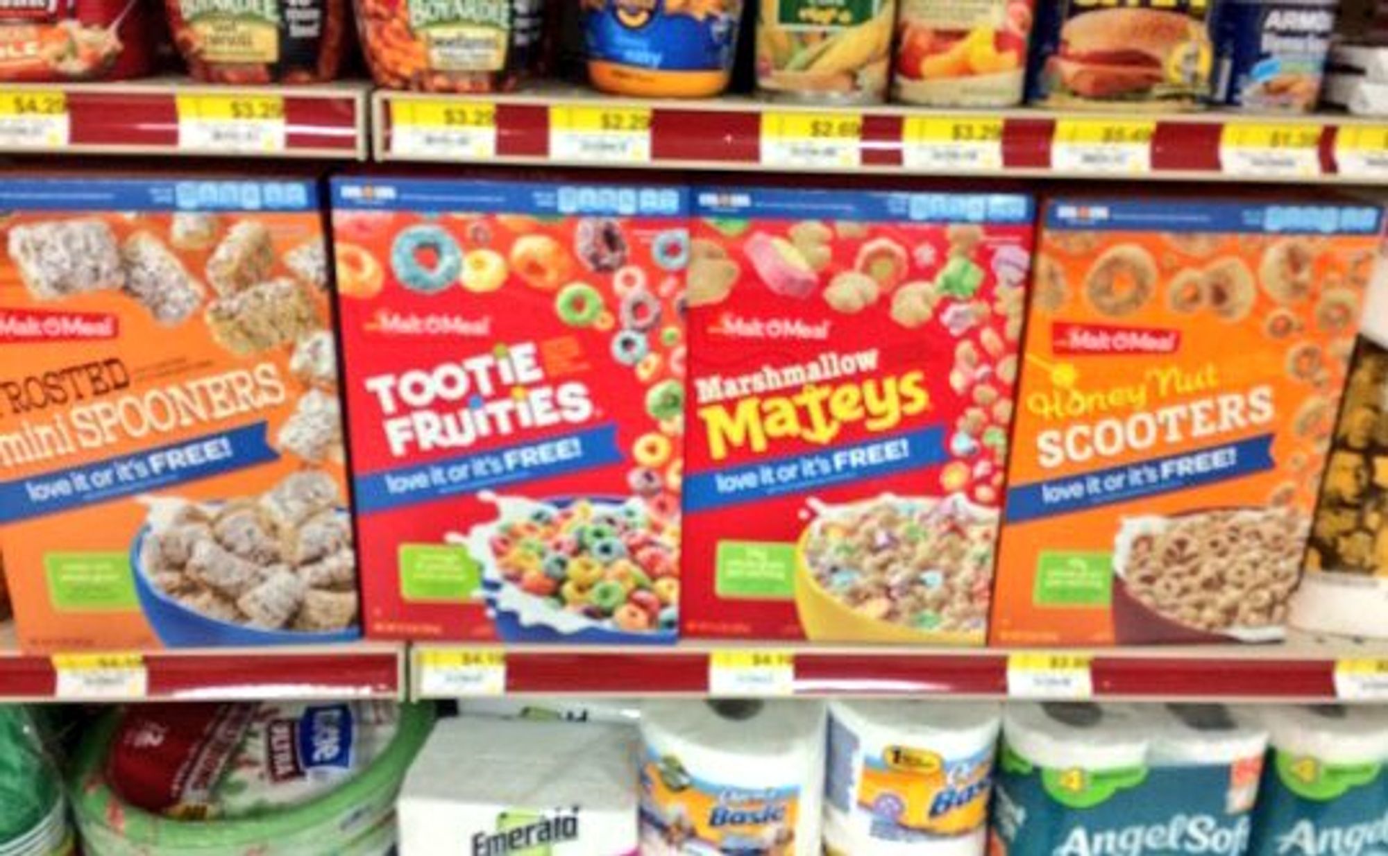 a row of store brand cereals named "frosted mini spooners", "tootie fruities", "marshmallow mateys" and "honey nut scooters"