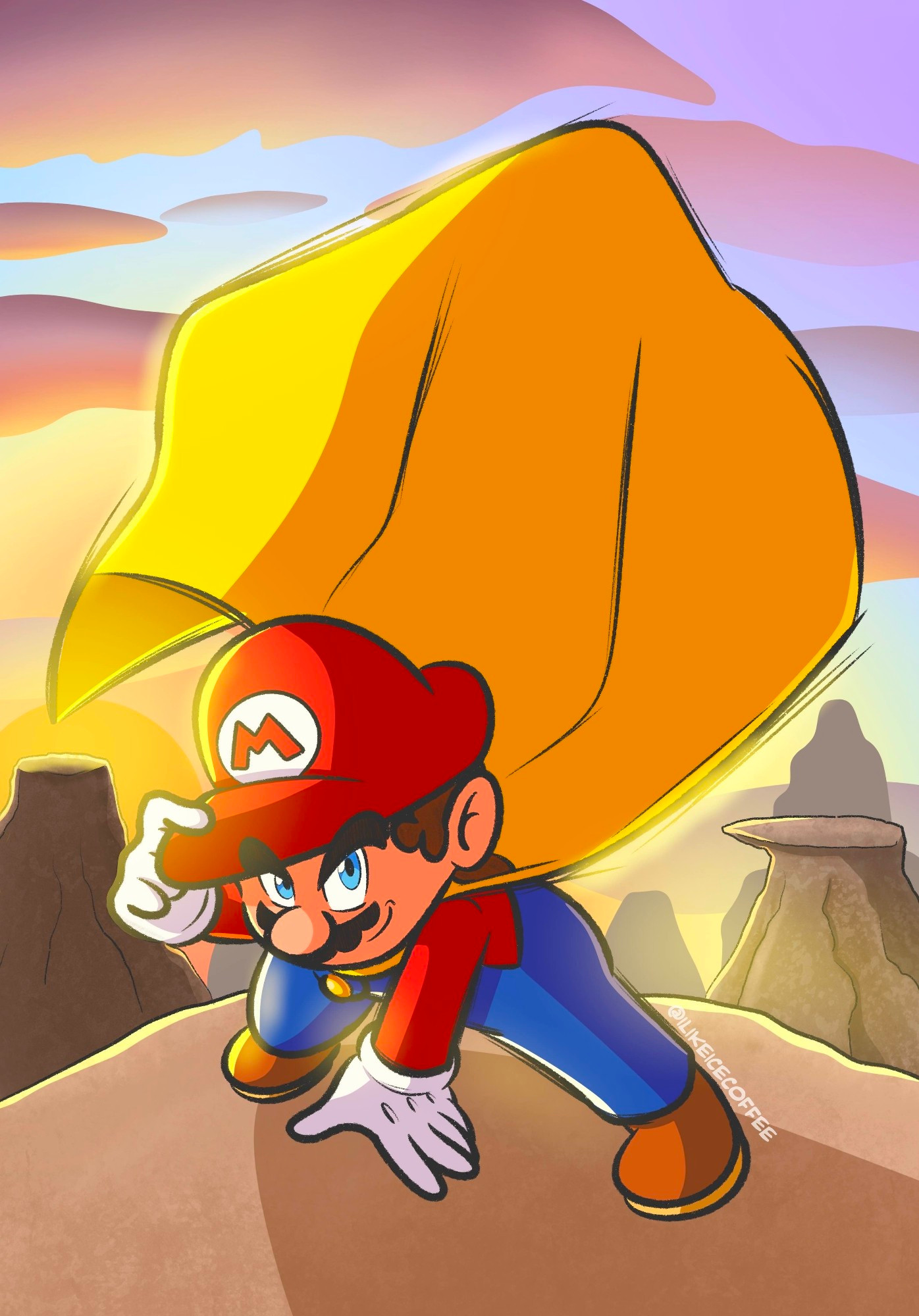 Mario with the Super Cape power up, looked confidently at the viewer while he poses in a badass fashion.