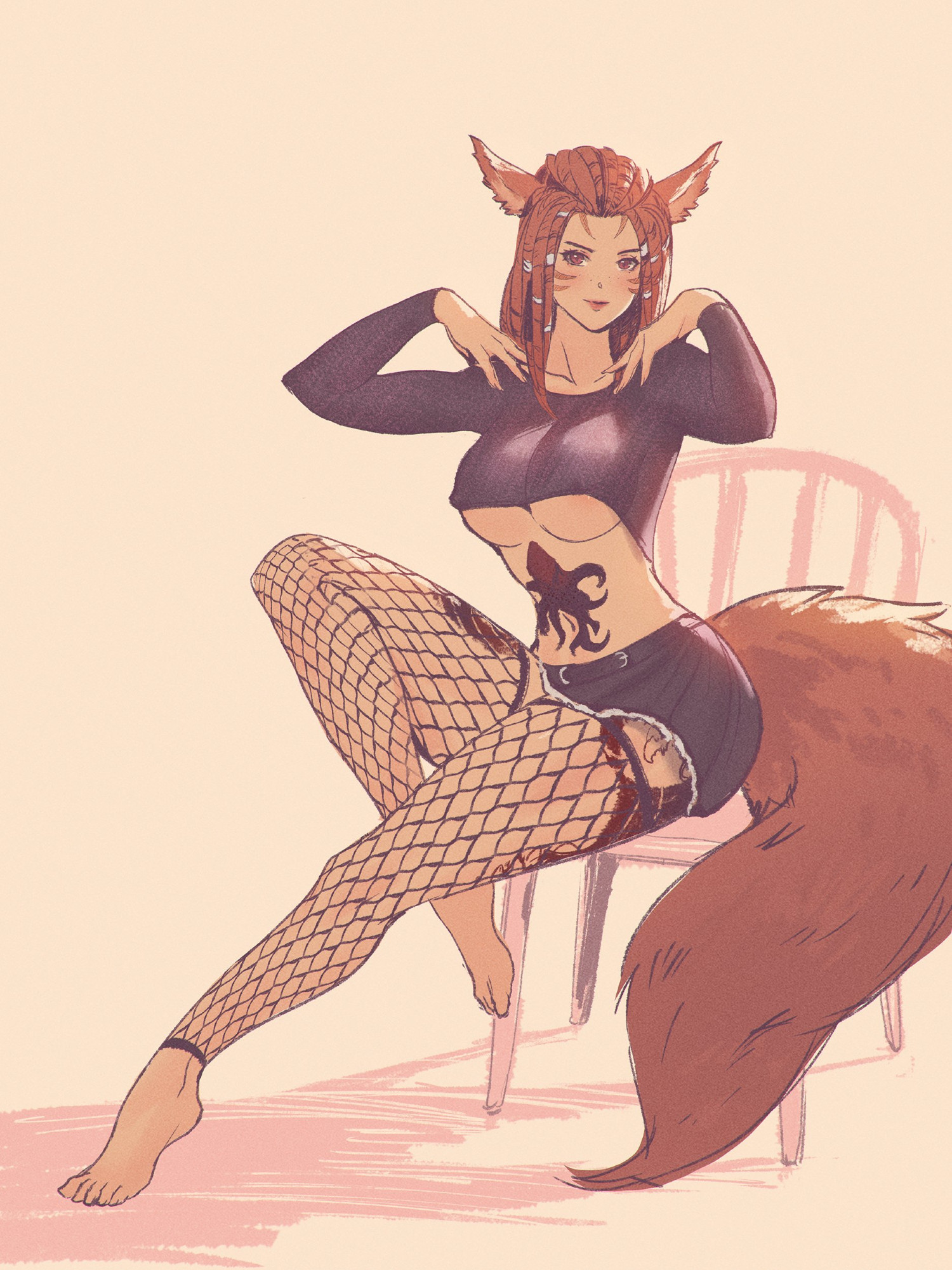 A Miqo'te with red Dreadlocks and a fluffy tail sitting seductivly on a chair. 
She is wearing fishnet stockings and a Mini skirt, with a croptop showing underboob. 
One leg is stretched out, while the other is sharply angled and resting against the chair, her hands brushing against her shoulders as she stretches her back.