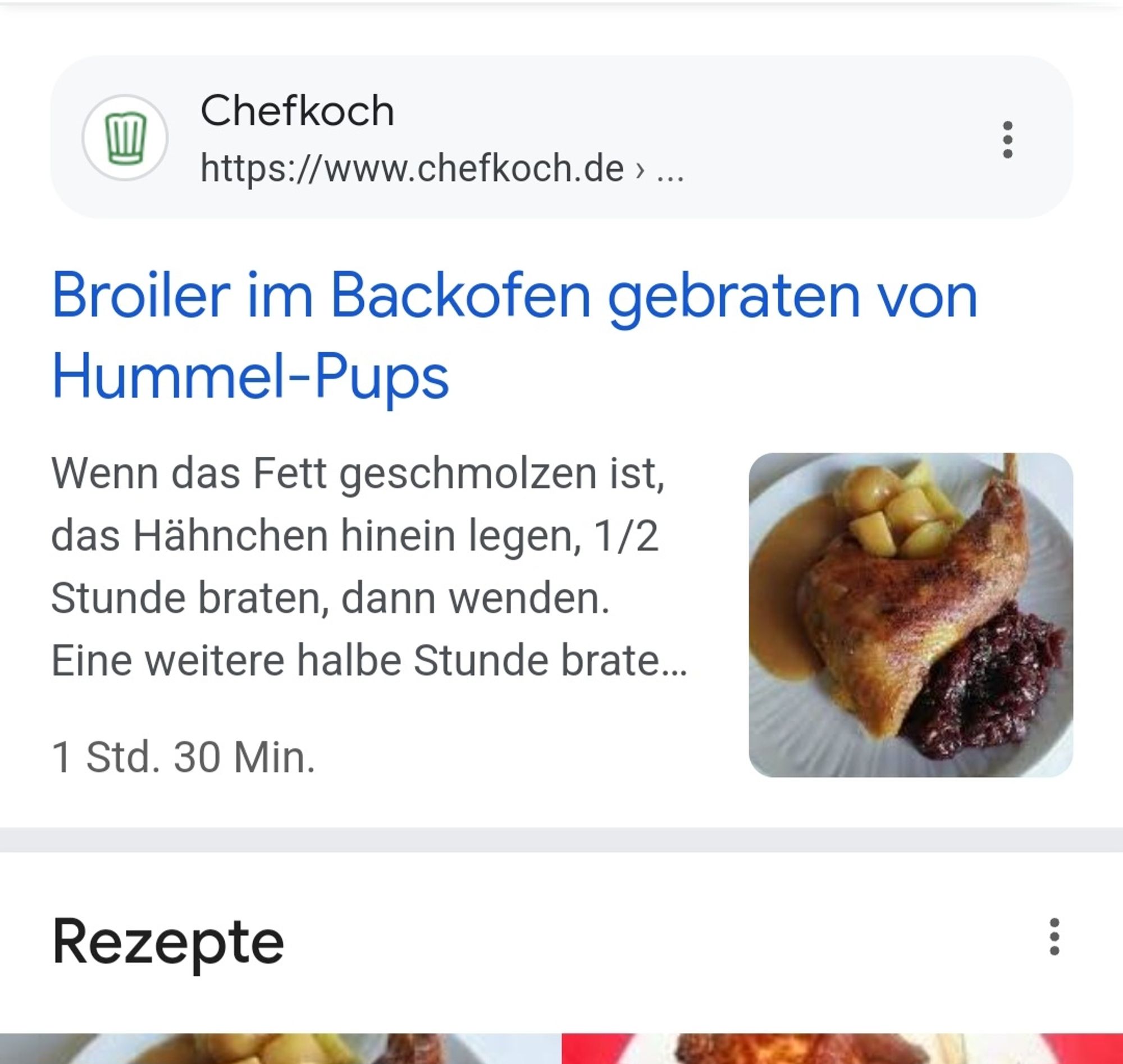 Screenshot einer Anzeige in der SERP von Chefkoch.de mit dem Titel: "Broiler im Backofen gebraten von Hummel-Pups"