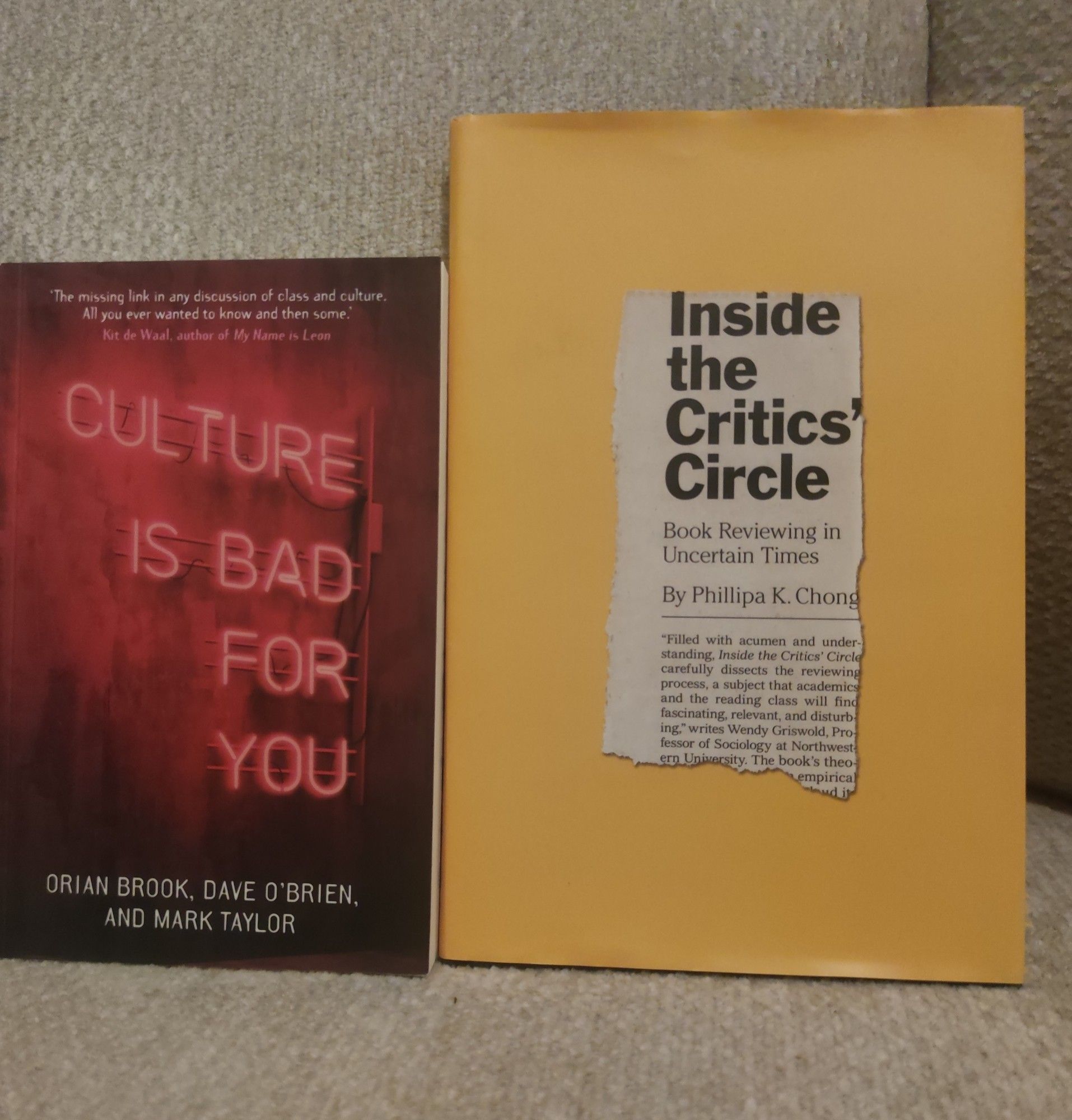 Two book Covers: Inside the critics circle by Philippa Chong and Culture ist bad for you by Brook, O'Brian, Taylor.