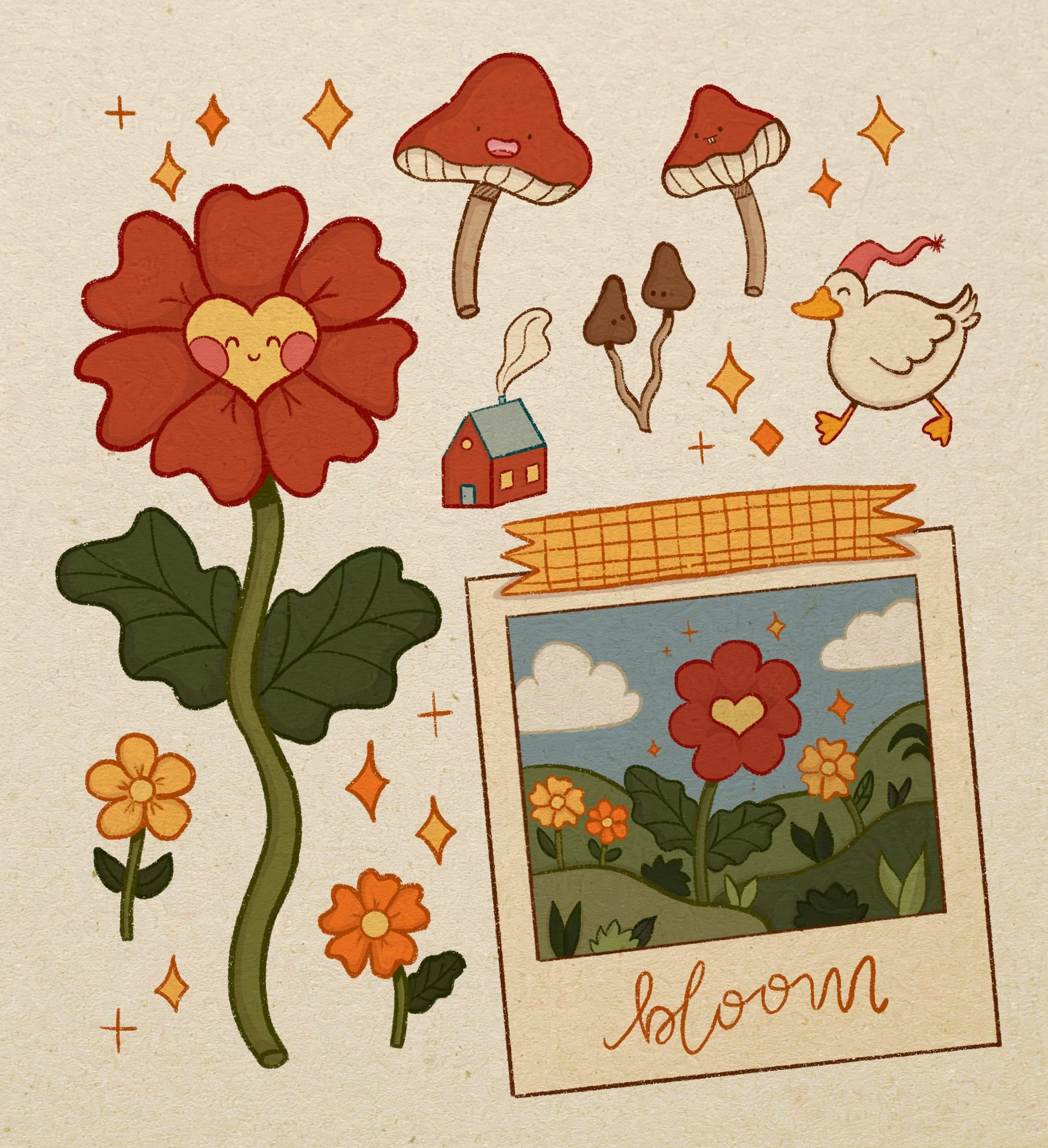 A digital drawing of a big red flower with a smiley face and blush cheeks, a couple of mushrooms with happy faces, a duck wearing a long hat, a tiny house and a polaroid featuring rolling hills and even more flowers. All done in a cartoony, doodley style.