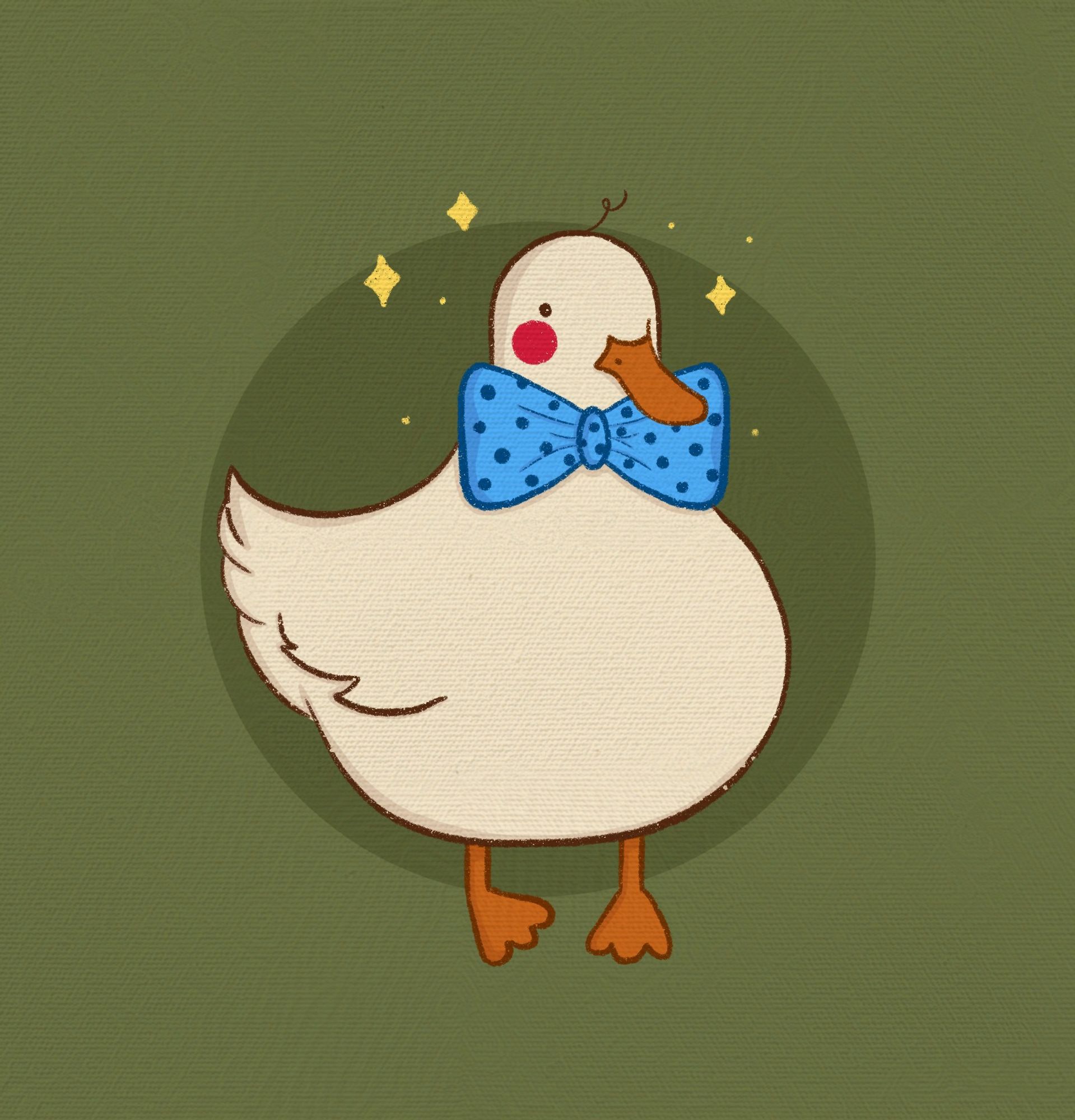 Digital drawing of a duck wearing a huge blue dotted bowtie against a green background.