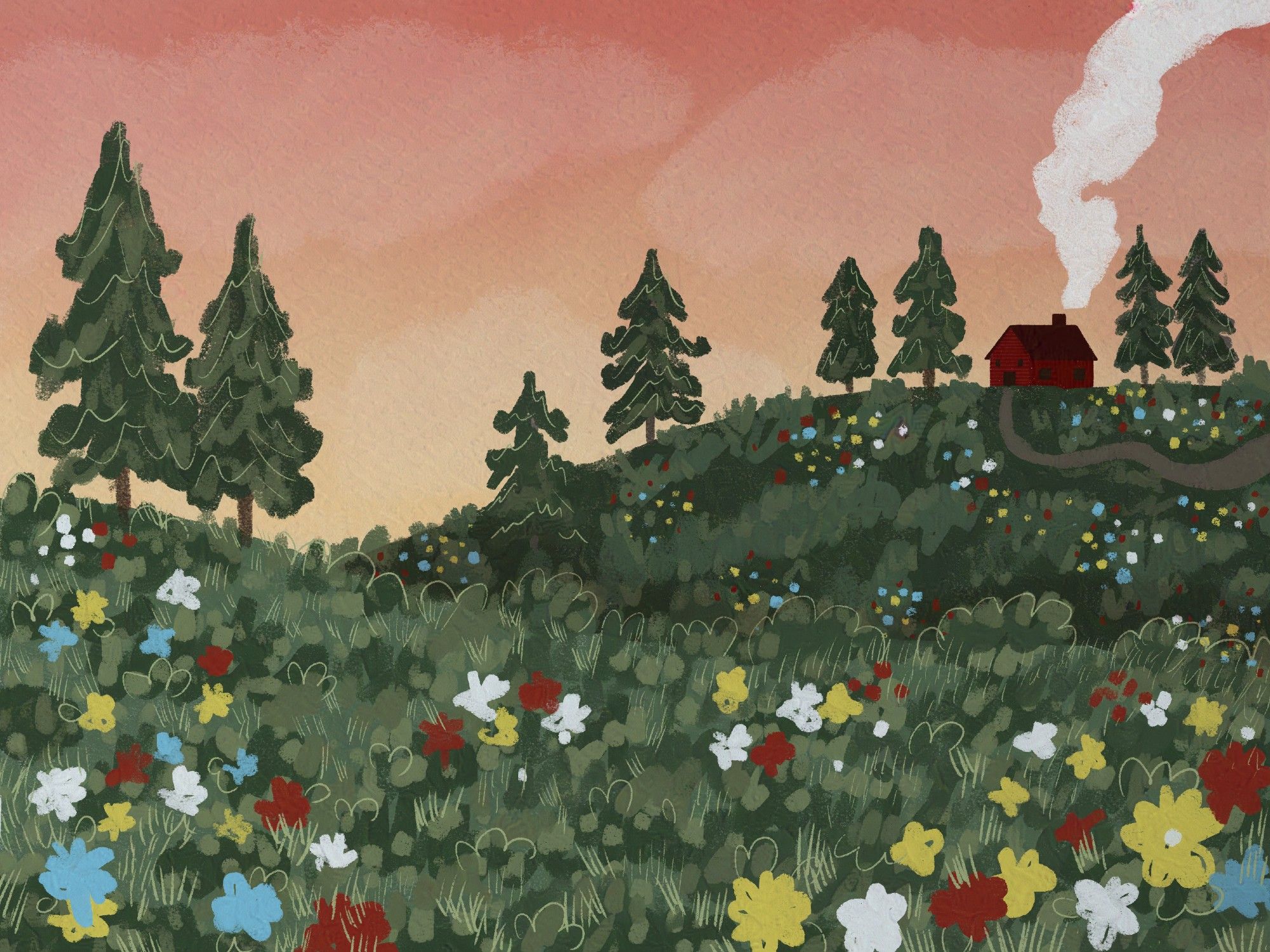 Digital drawing of a hillside filled with wildflowers in red, white and blue, and pine trees. In the distance we see a little, red cabin with smoke coming from the chimney. All done in a very loose, doodley style