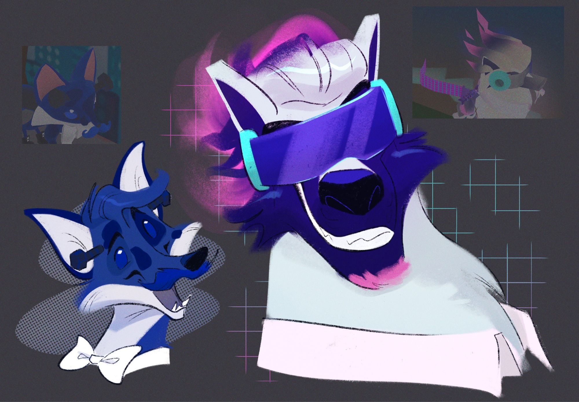 Draft ; two headshots of a blue splotchy fox & a lightside blueish-purple arctic wolf from the game Animal Jam. The fox is wearing blue darkside Frankenstein bolts, a (party) blue handlebar mustache, & a white bowtie. The lightside arctic wolf is wearing a pale fire wig with blueish-purple-pink highlights, a (party) turquoise-blueish shadow visor, & a pink lightside Jamaallywood collar