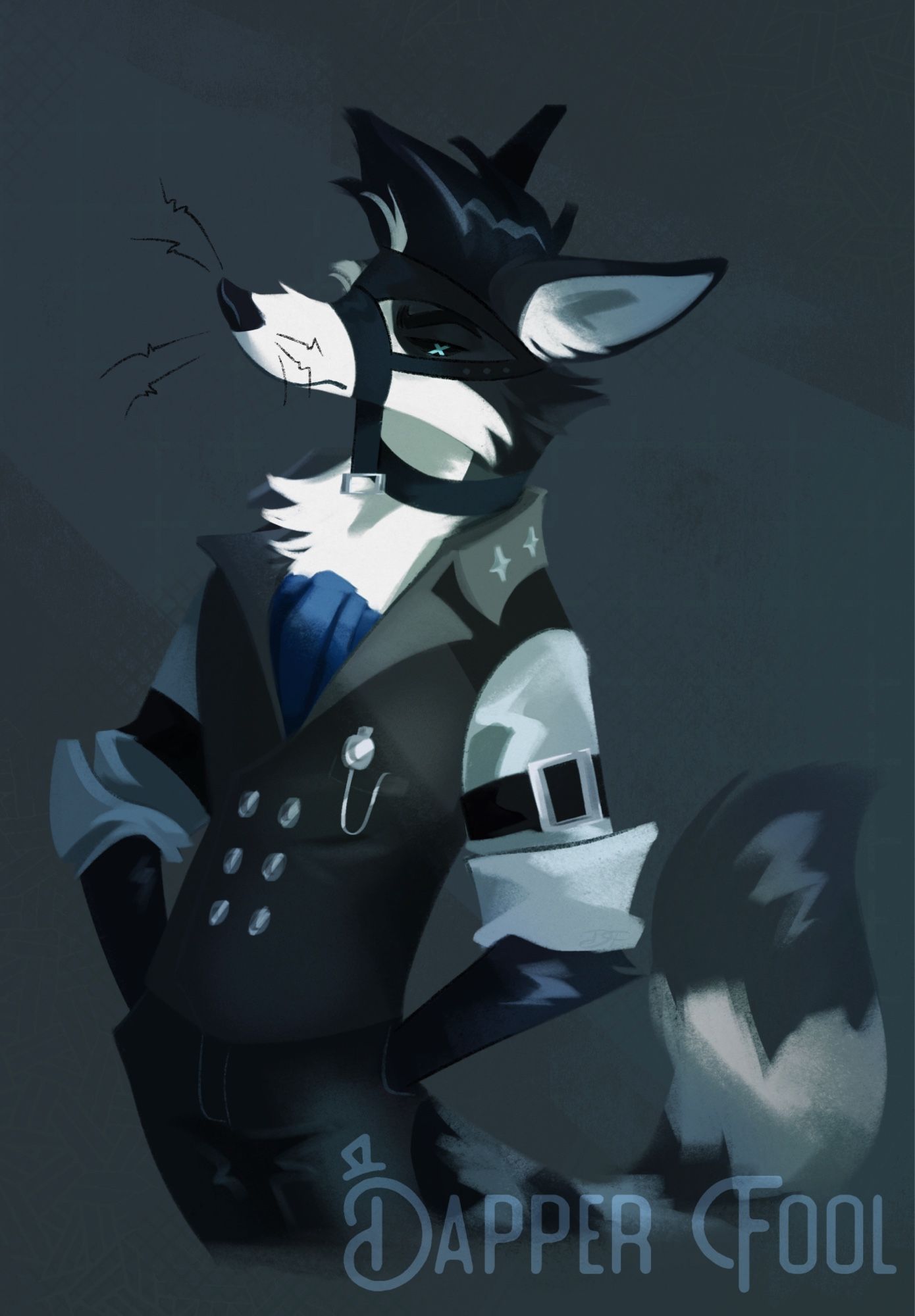 Art ; a platinum fox oc posing sternly in an outfit heavily based from the character Von Lycaon (from Zenless Zone Zero)