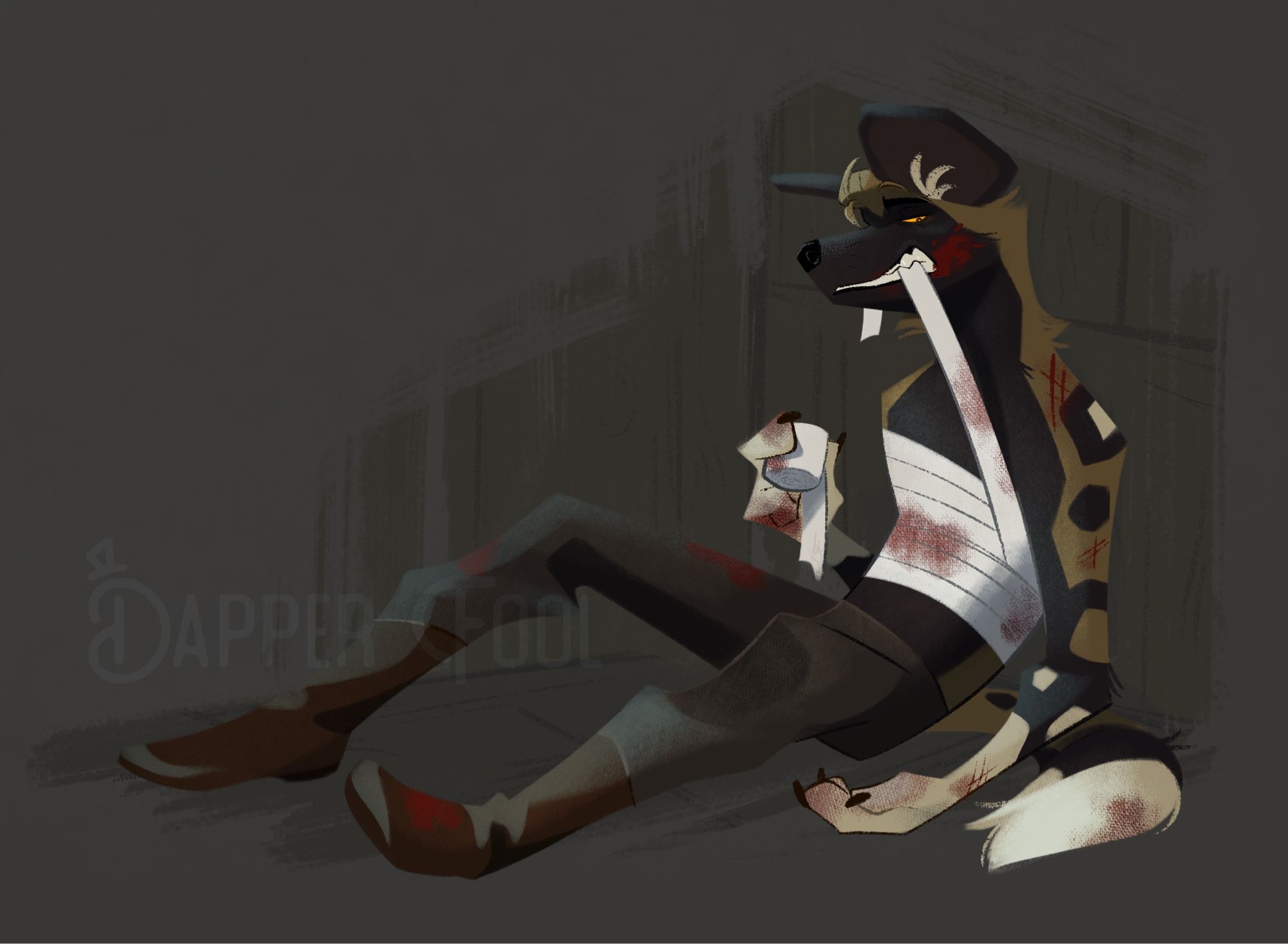 Art ; an african wild dog oc wearing just dark trousers with boots & laying on the floor against a wooden wall. He is moderately wounded/injured and caught bandaging his torso