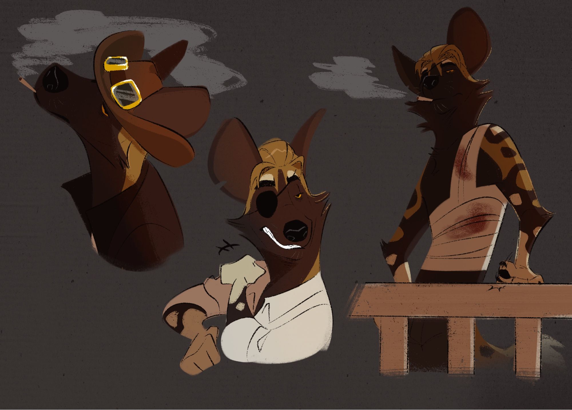 Draft ; three drawings of an african wild dog oc wearing an eyepatch. The first is a bust that shows him wearing his stetson hat with goggles and coat while smoking. The third is a bust of him in his rolled-up sleeved shirt as he’s trying to crack his shoulder. The third shows him shirtless with a bloodied bandage wrapped around his body as he’s leaning against some sort of fence while smoking as usual