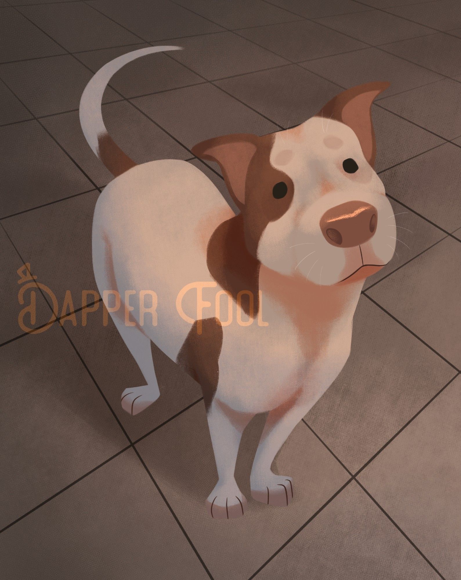 Art ; a white red-nosed Staffordshire bull terrier (pitbull) with brown markings standing on tile flooring