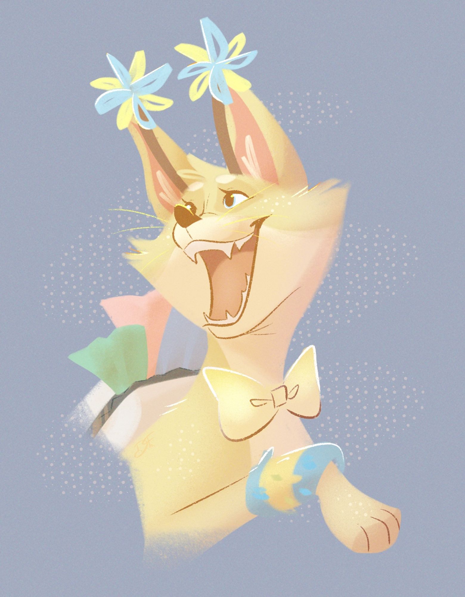 Draft ; bust of a yellowish-cream fox from the game Animal Jam. She is wearing (party) yellow-blue pinwheel antennae, a (party) white overstuffed backpack, (party) blue-yellow fuzzy leg warmers, and a (lightside) yellow bowtie