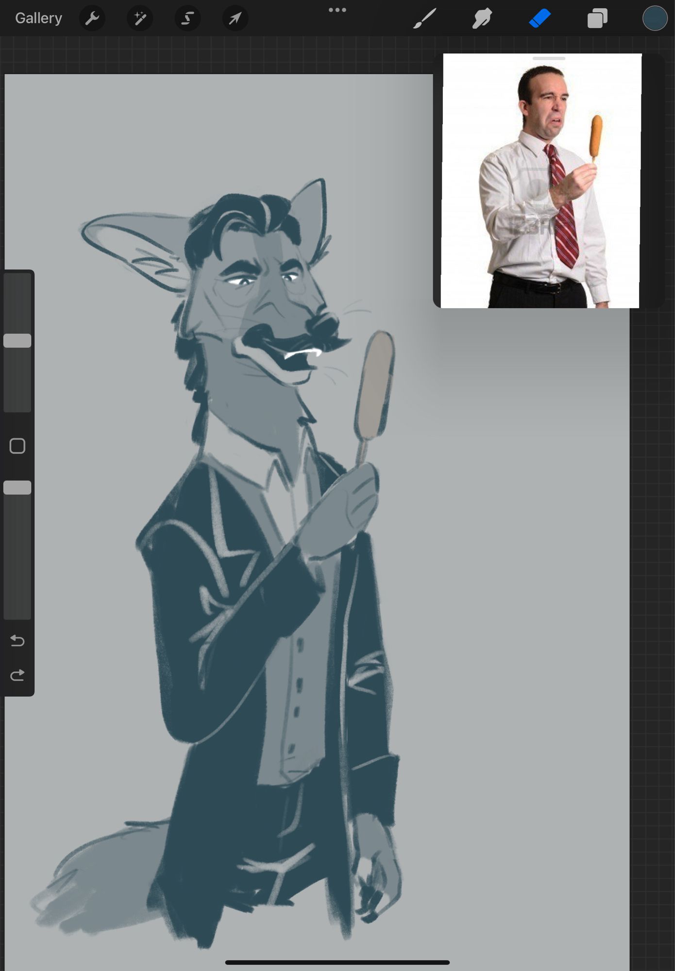 Draft ; a dark maned wolf oc with a moustache wearing a dark coat over their waistcoat and buttoned long-sleeved shirt. He is repulsed by a corndog that he is holding up