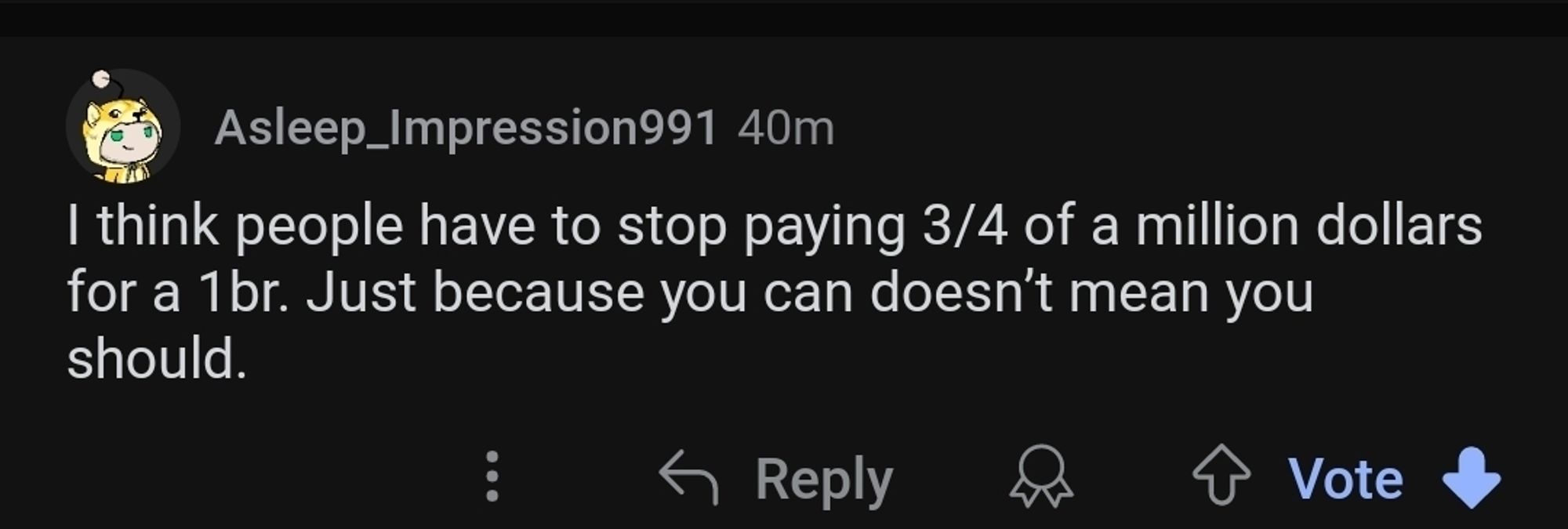 A reddit comment saying "I think people just have to stop paying 3/4 of a million dollars for a 1br. Just because you can doesn't mean you should."