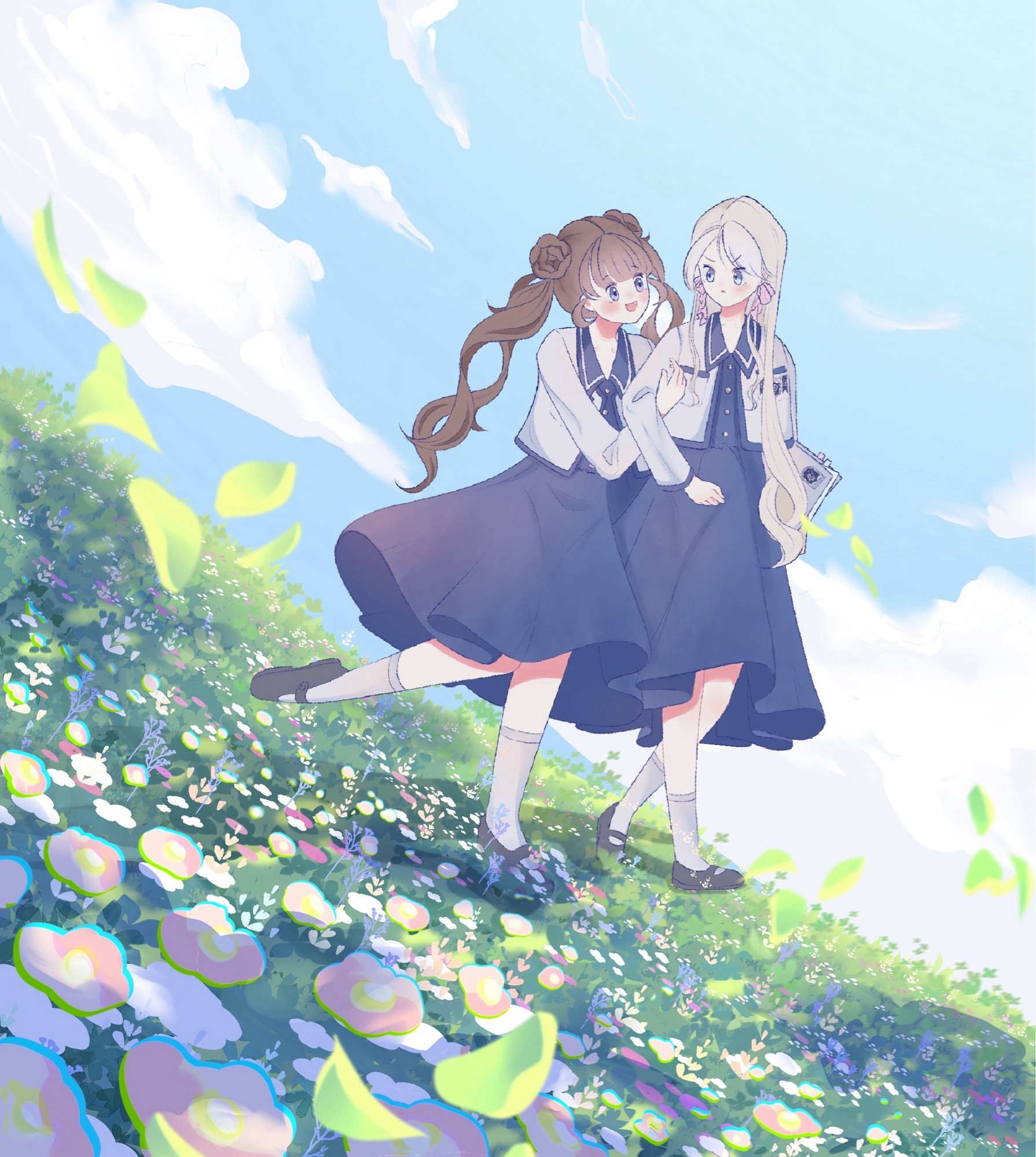 Two girls walking down the flower field