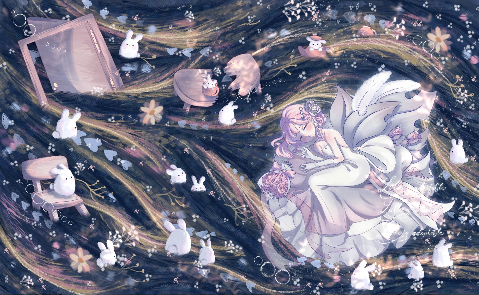 The bride laying down on the night garden with the bunnies