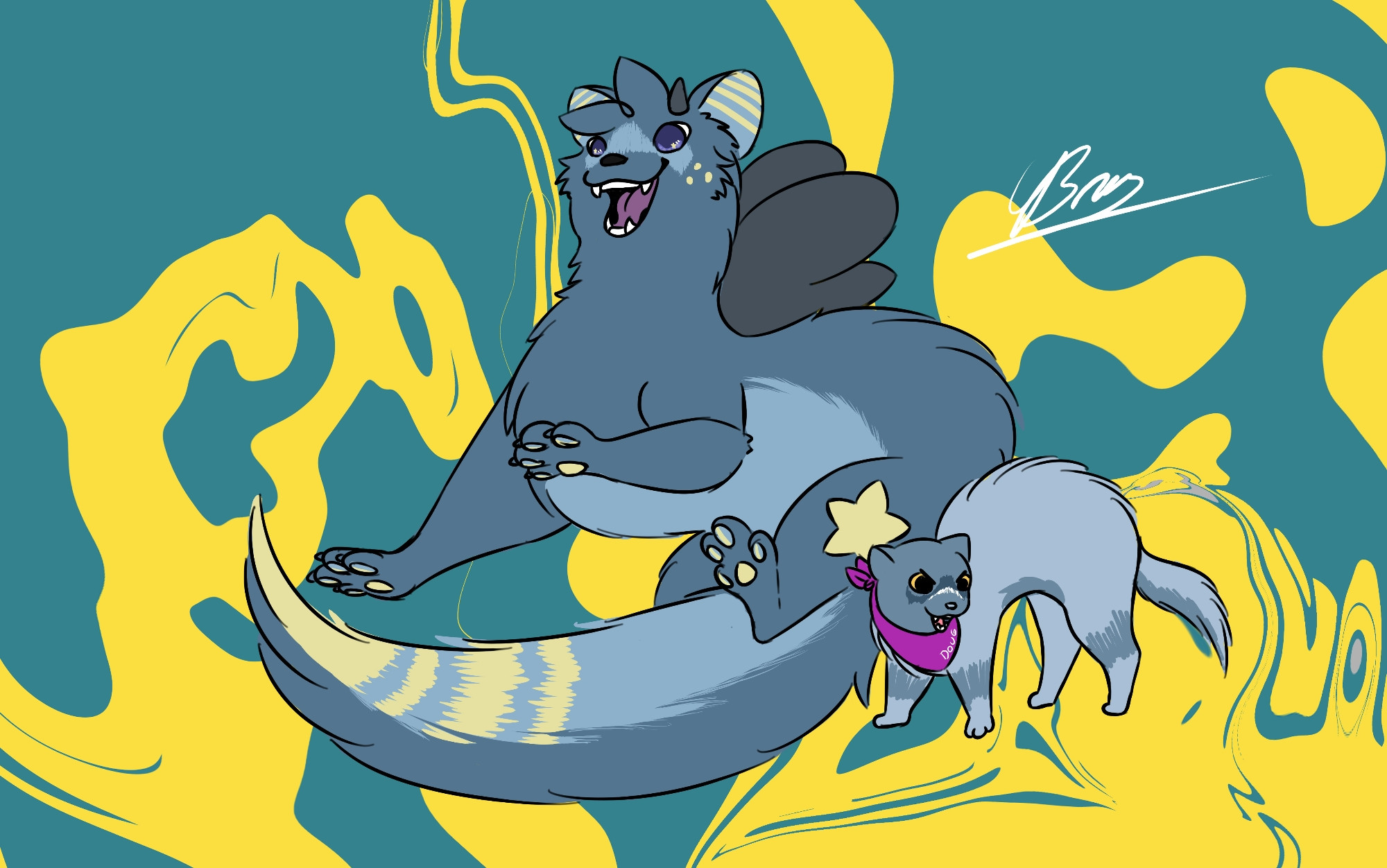 Skytea's oc character who is originally a blue plush dragon and her tts Doug who is originally a bird, have been turned into ferrets