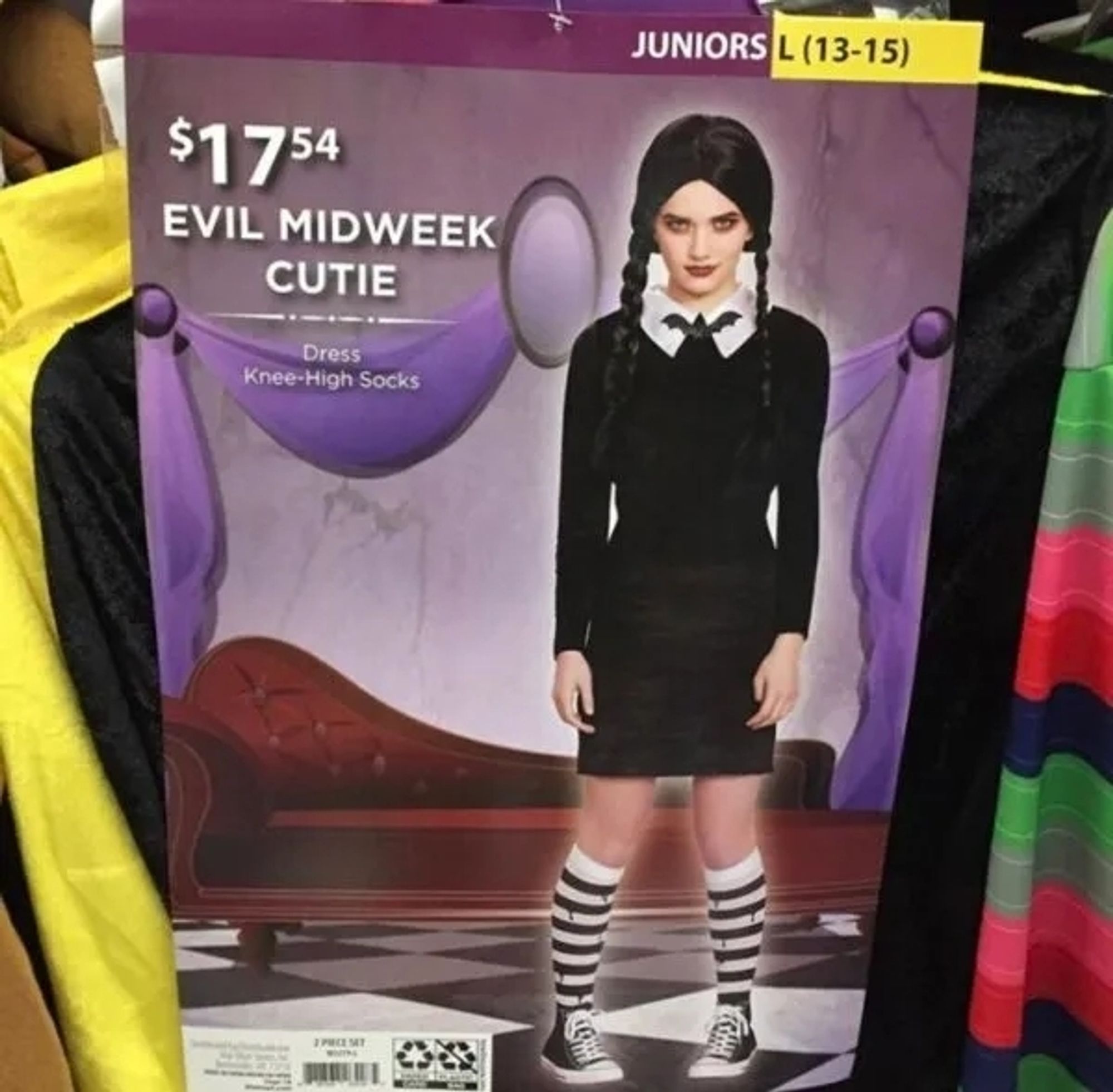 Knock off Wednesday costume labeled evil midweek cutie.