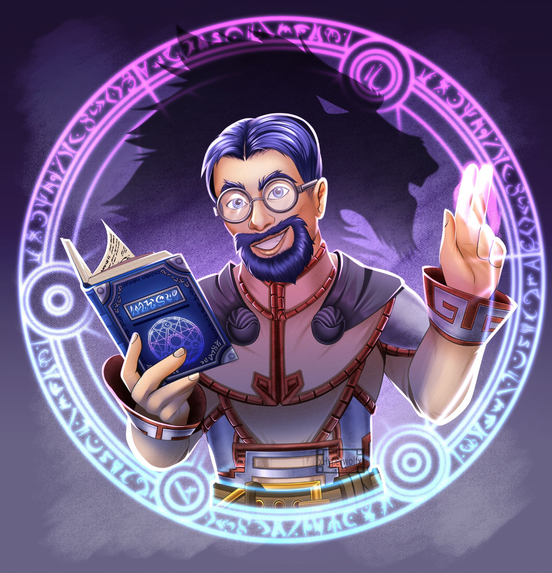 Nelen Fullmoon, Magus of Gilneas. He's a worgen who prefers to stay in his human form when possible as he's a total bookworm and worgen claws will utterly wreck paper. He's a skilled arcane mage and a scribe by trade.

Also, for anyone who says "Fullmoon" is way too on the nose for a worgen's surname... Two words: Genn Greymane.